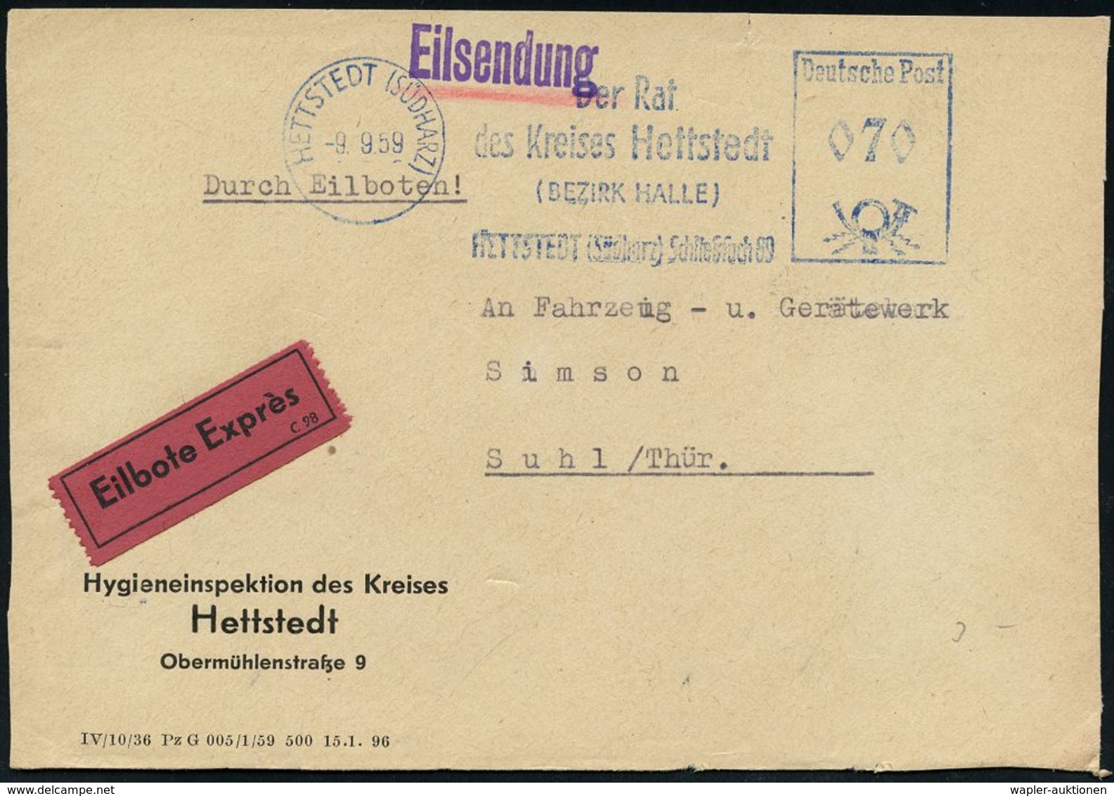 MEDIZINISCHE INSTITUTIONEN & INSTITUTE : HETTSTEDT (SÜDHARZ)/ Der Rat/ Des Kreises Hettstedt.. 1959 (9.9.) Blauer AFS 07 - Médecine