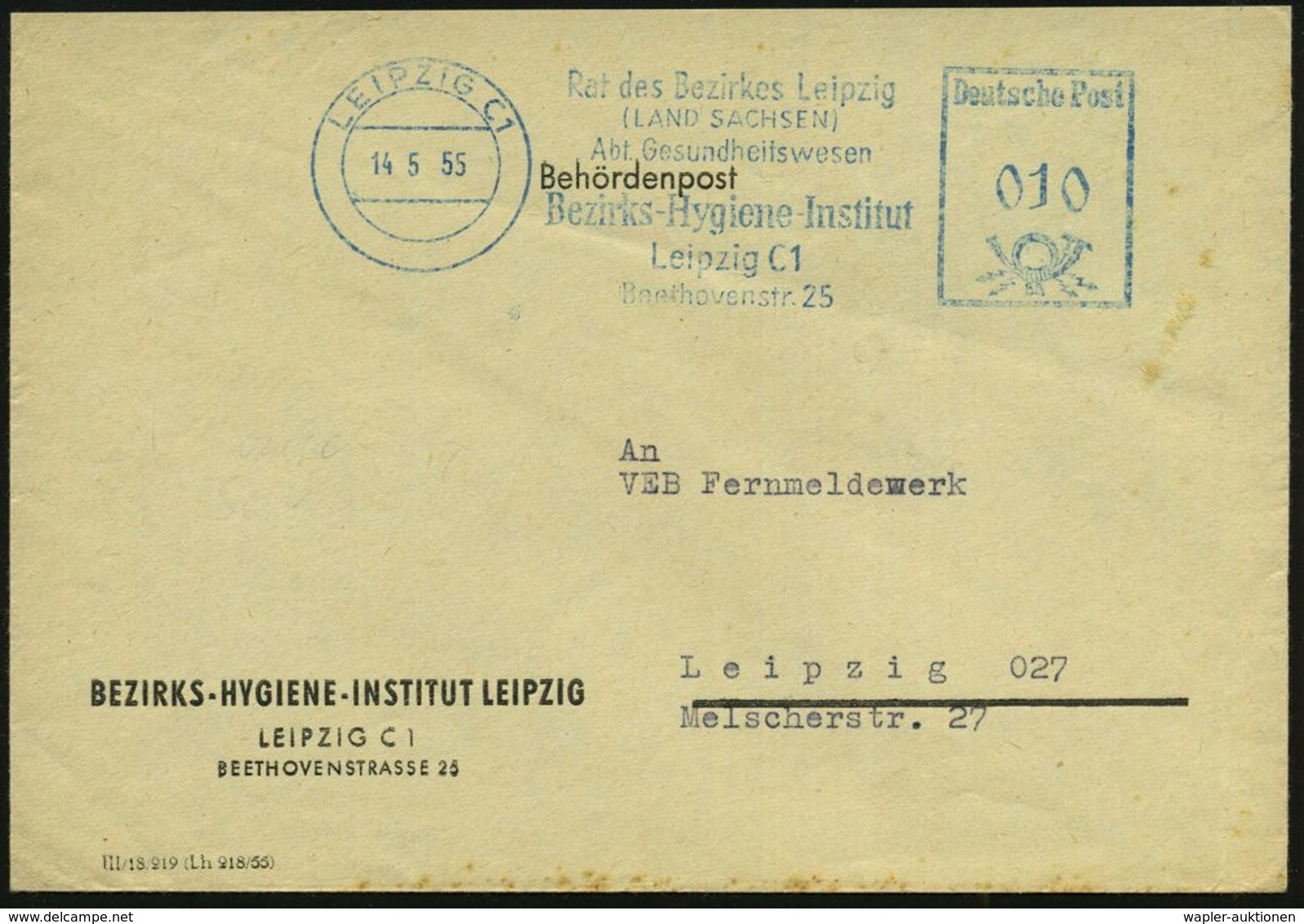 MEDIZINISCHE INSTITUTIONEN & INSTITUTE : LEIPZIG C1/ ..(LAND SACHSEN)/ Abt.Gesundheitswesen/ Bez.-Hygiene-Institut 1955  - Medicina