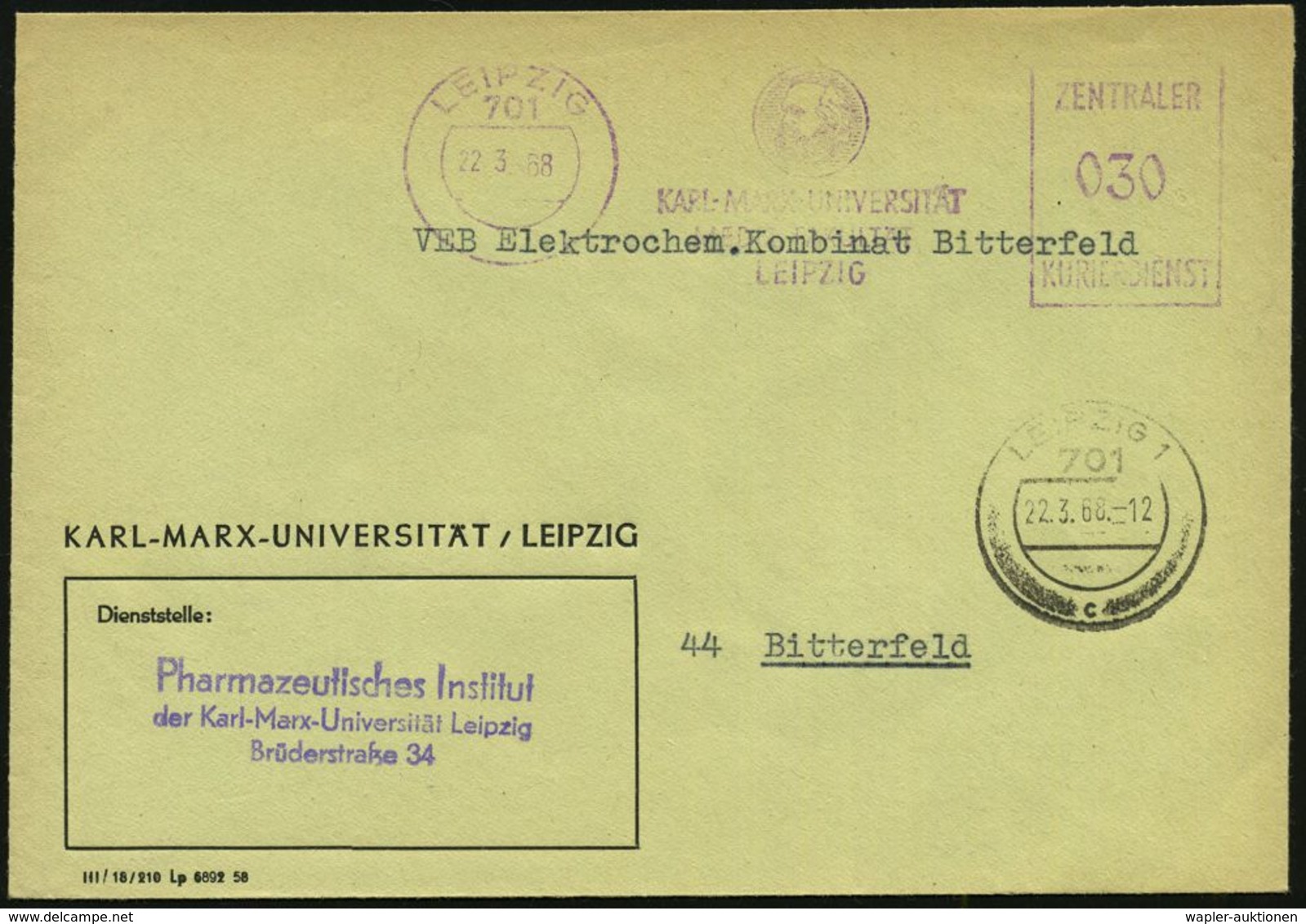 MEDIZINISCHE INSTITUTIONEN & INSTITUTE : 701 LEIPZIG/ KARL-MARX-UNIVERSITÄT/ MEDIZ.FAKULTÄT/ ZKD 1968 (22.3.) Lila ZKD-A - Medicine