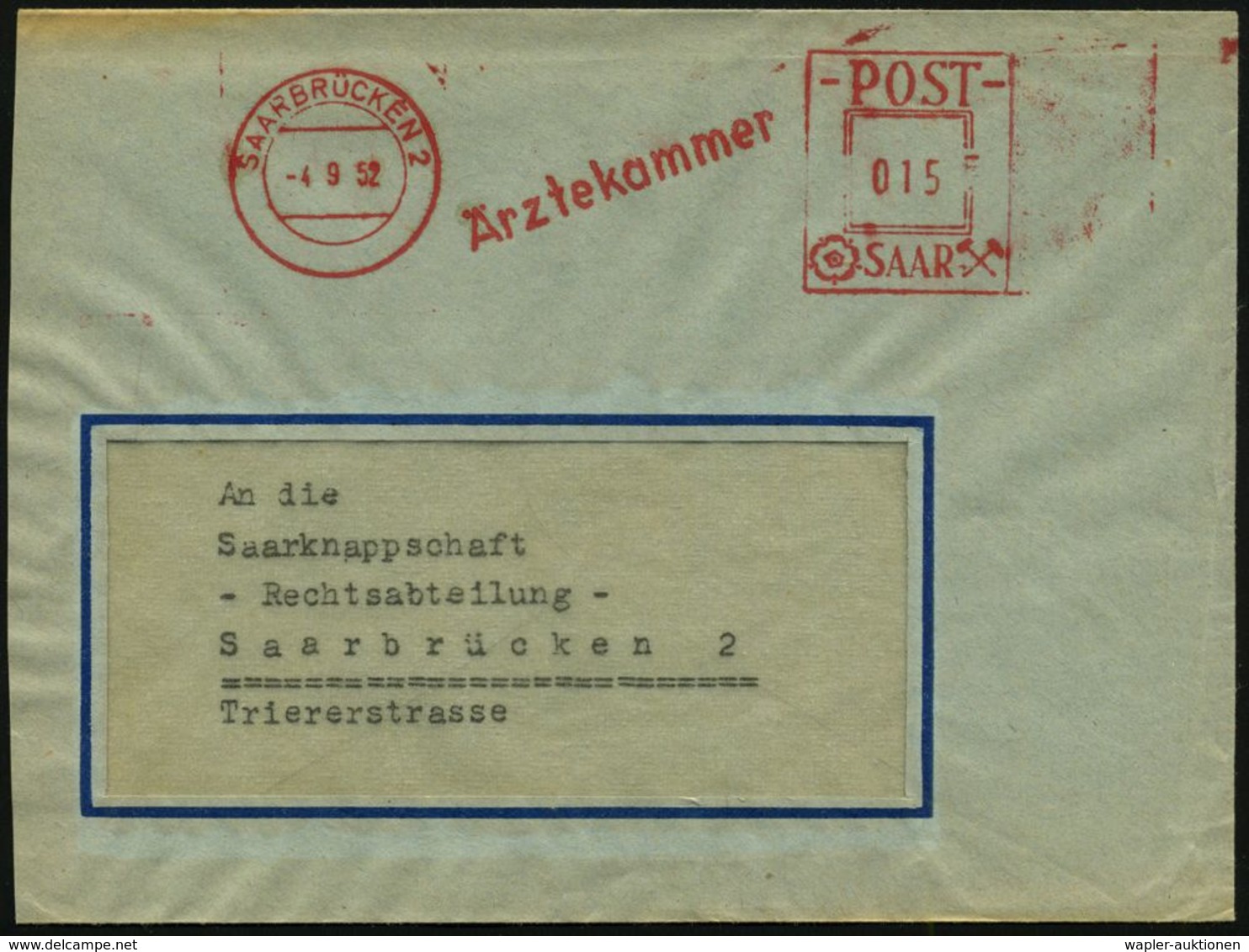 MEDIZINISCHE INSTITUTIONEN & INSTITUTE : SAARBRÜCKEN 2/ Ärztekammer 1954 (11.10.) AFS, Typ Postalia "POST SAAR" , Ortsbf - Medizin