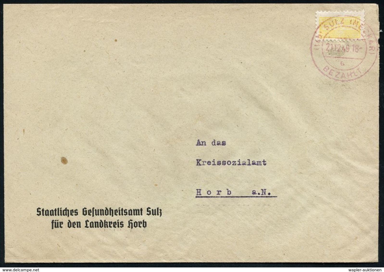 MEDIZINISCHE INSTITUTIONEN & INSTITUTE : (14b) SULZ (NECKAR)/ A/ BEZAHLT 1949 (21.12.) Roter 2K-Steg-PFS Auf 2 Pf. Wohnu - Medizin