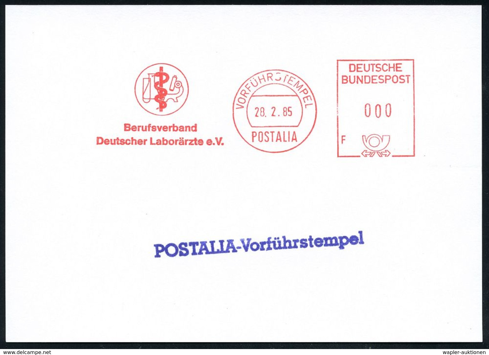 MEDIZINISCHE INSTITUTIONEN & INSTITUTE : B.R.D. 1985 (28.2.) AFS: VORFÜHRSTEMPEL/POSTALIA/F/Berufsverband/Deutscher Labo - Médecine