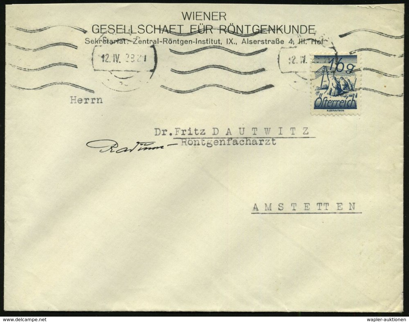 MEDIZINISCHE INSTITUTIONEN & INSTITUTE : ÖSTERREICH 1928 (12.4.) Vordruck-Bf.: WIENER GESELLSCHAFT FÜR RÖNTGENKUNDE.. Ze - Medicine