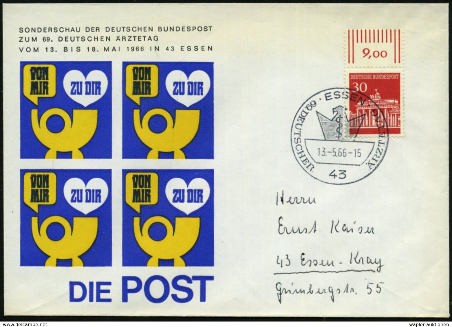 MEDIZINISCHE AUSSTELLUNGEN & KONGRESSE : 43 ESSEN/ DEUTSCHER ÄRZTETAG 1966 (13.5.) SSt = Aesculapstab (vor Stilis. Adler - Medizin