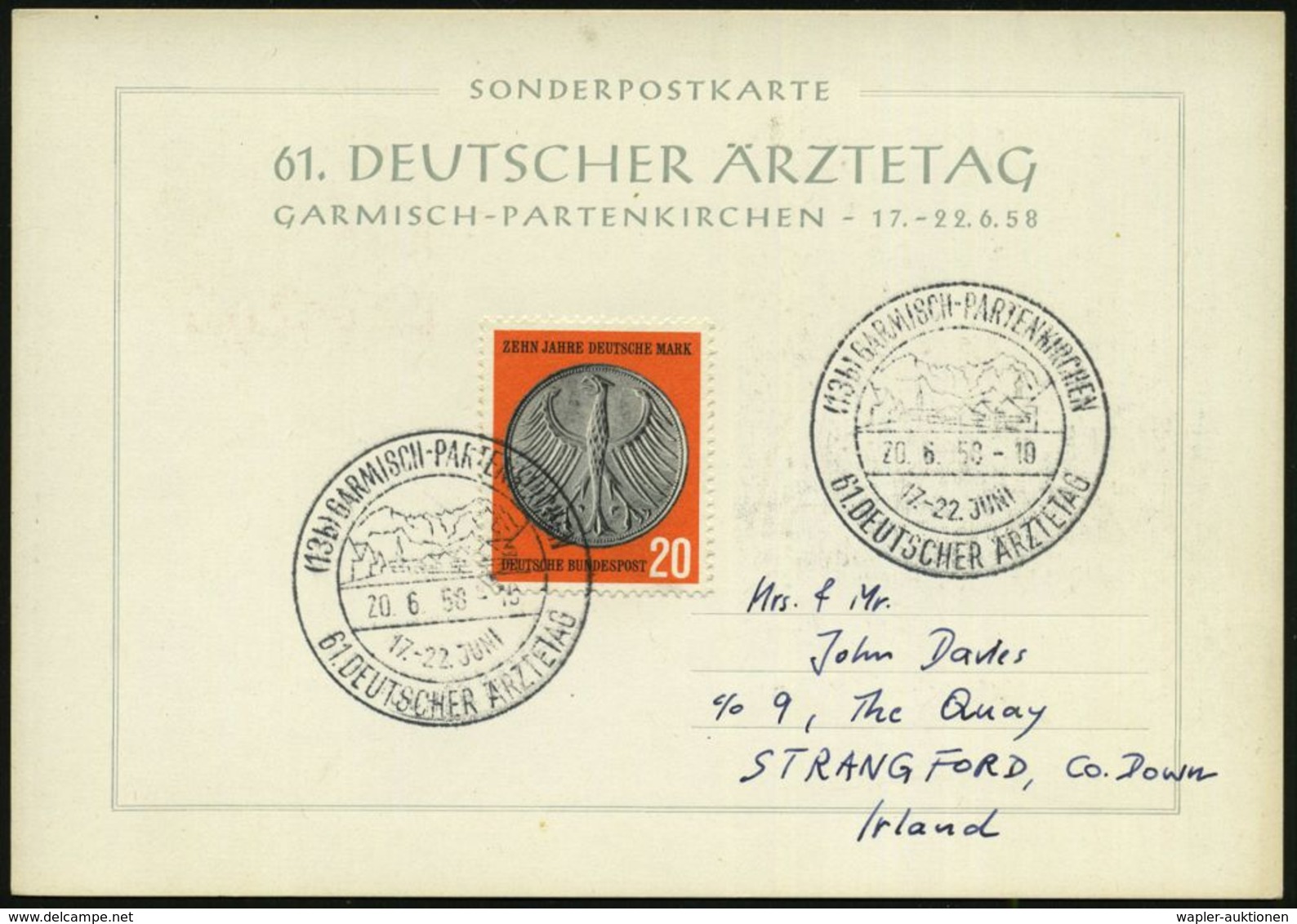 MEDIZINISCHE AUSSTELLUNGEN & KONGRESSE : (13b) GARMISCH-PARTENKIRCHEN/ 61.DEUTSCHER ÄRZTETAG 1958 (20.6.) SSt , 2x Klar  - Médecine