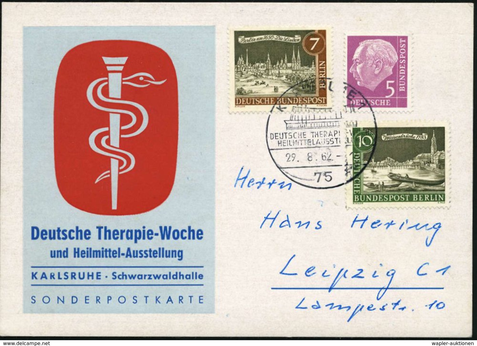 MEDIZINISCHE AUSSTELLUNGEN & KONGRESSE : 75 KARLSRUHE 1/ DT.THERAPIEWOCHE/ HEILMITTELAUSST. 1962 (29.8.) SSt (Schwarzwal - Medicina