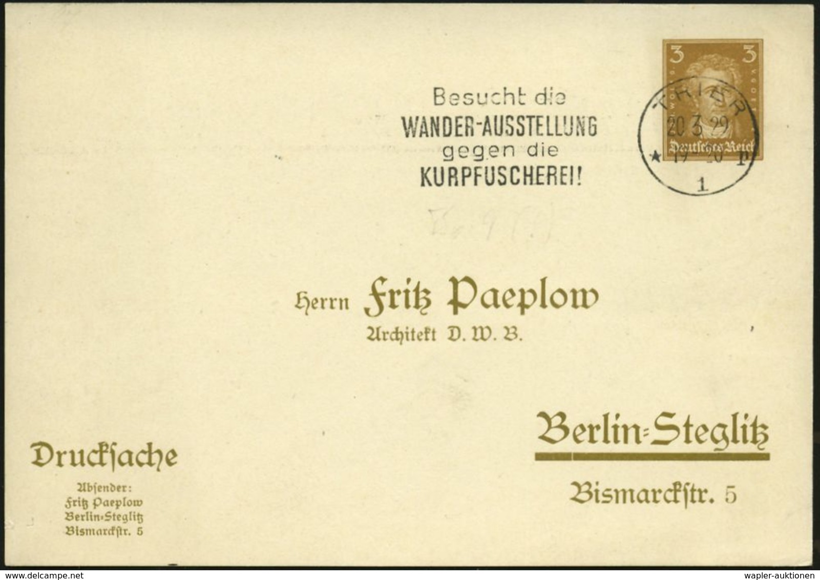 MEDIZINISCHE AUSSTELLUNGEN & KONGRESSE : TRIER/ *1p/ Besucht Die/ WANDER-AUSSTELLUNG/ Gegen Die KURPFUSCHEREI! 1929 (20. - Geneeskunde