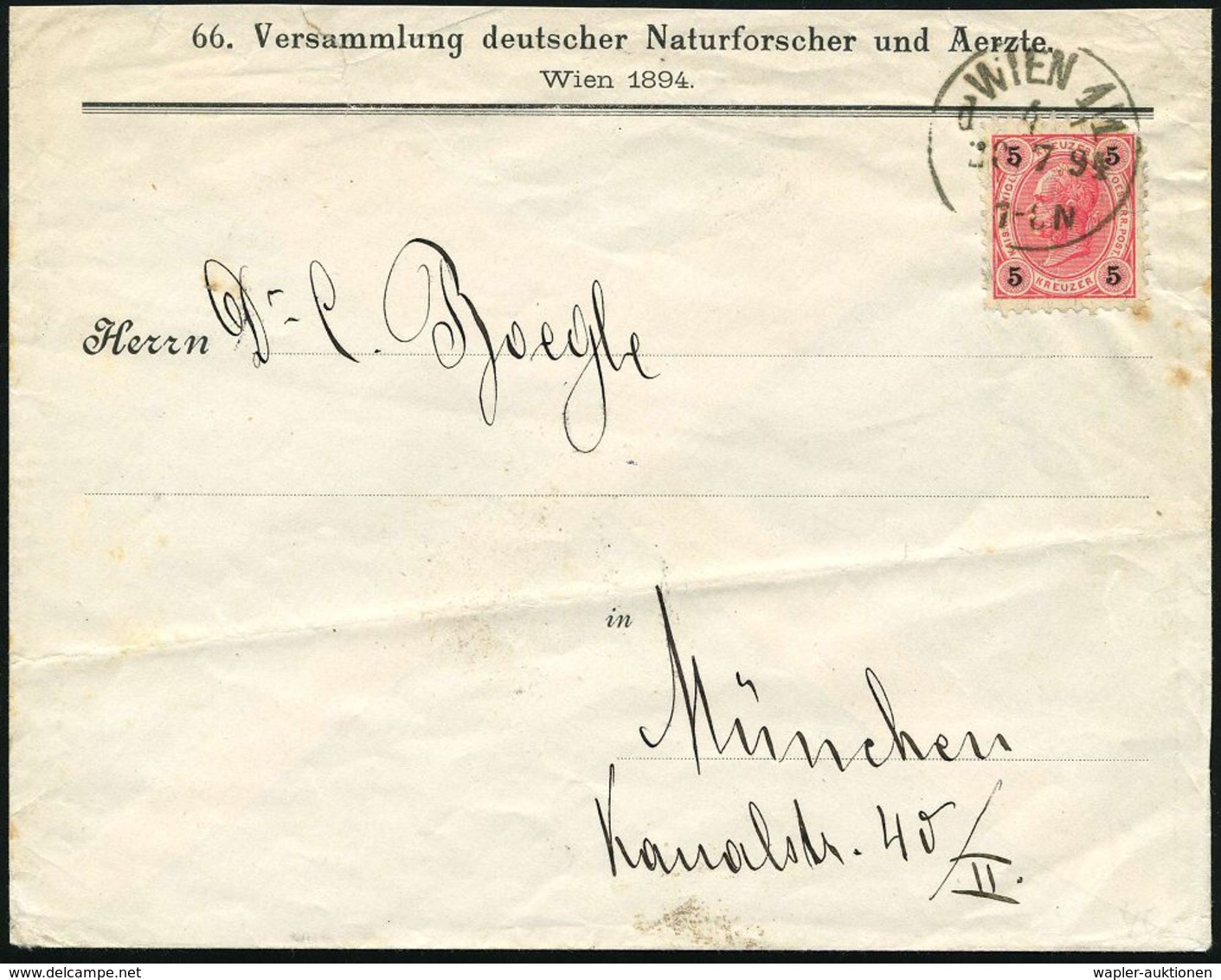 MEDIZINISCHE AUSSTELLUNGEN & KONGRESSE : ÖSTERREICH 1894 (13.7.) 1K: WIEN 1/1//d , Kongreß-Bf.: 66. Versammlung Deutsche - Médecine