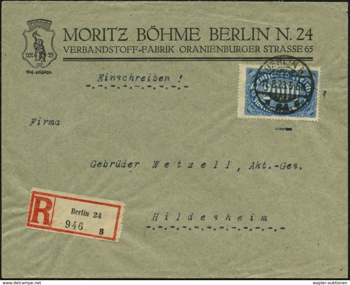 MEDIZINISCHE AUSRÜSTUNG & INSTRUMENTE : BERLIN N/ *24g 1923 (11.8.) 1K-Gitter Auf EF 2000 Mk. Ziffer , Blau, + RZ: Berli - Médecine