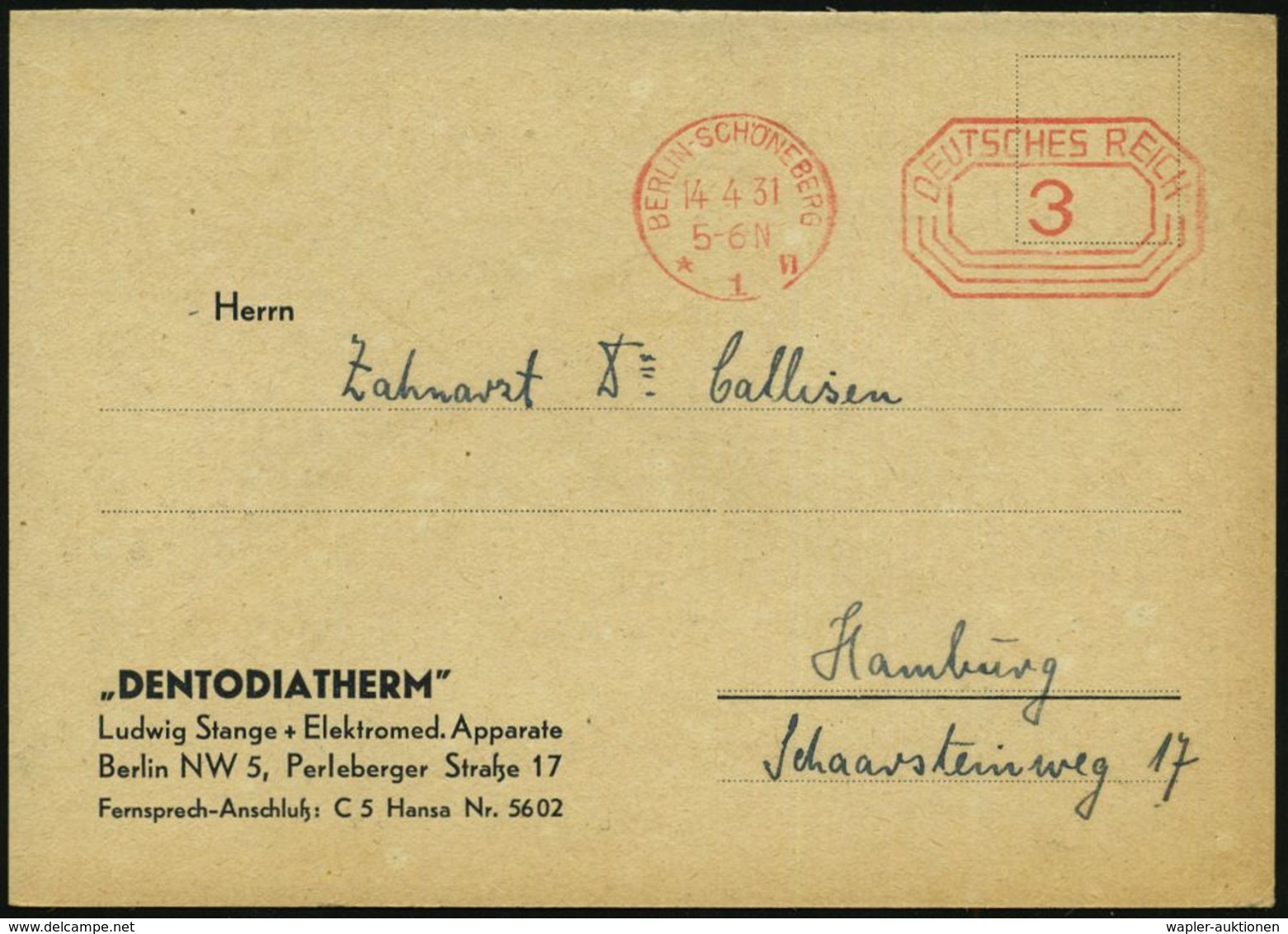 MEDIZINISCHE AUSRÜSTUNG & INSTRUMENTE : BERLIN-SCHÖNEBERG/ *1II 1931 (14.4.) PFS 3 Pf. Auf (halber) Reklame-Kt.: Diather - Médecine