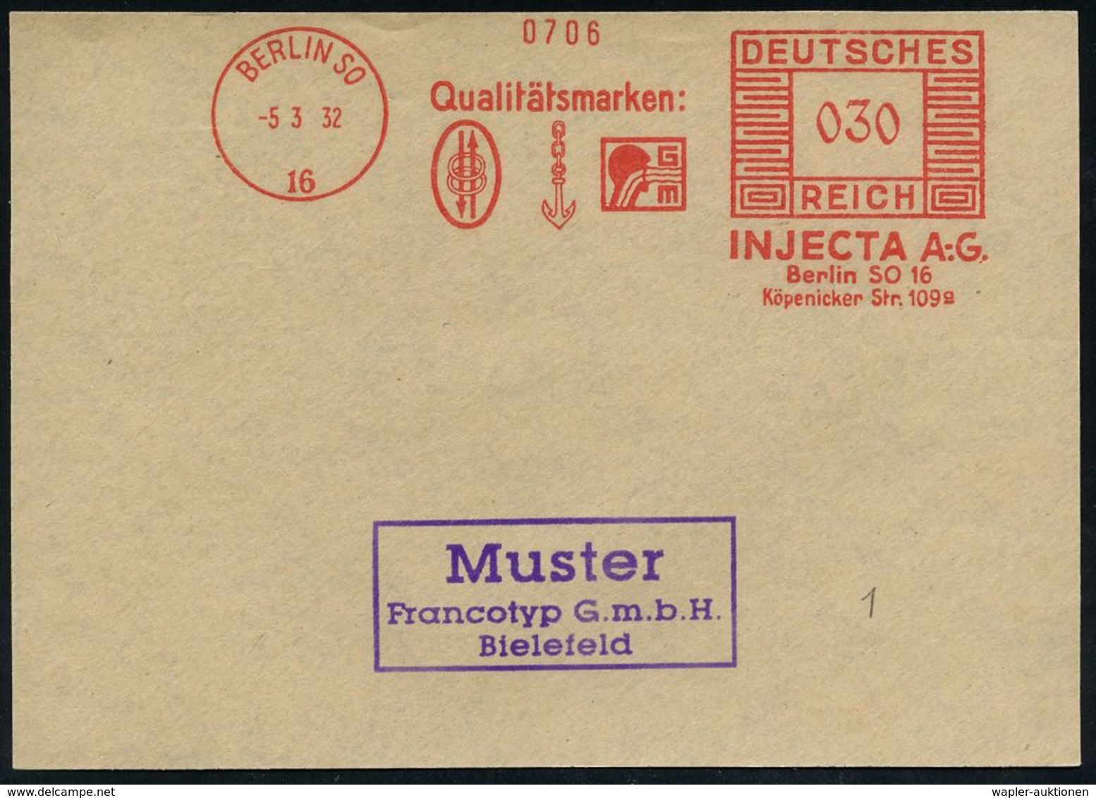 MEDIZINISCHE AUSRÜSTUNG & INSTRUMENTE : BERLIN SO/ 16/ INJECTA AG. 1932 (5.3.) AFS Reichspost-Archivmuster "Mäander-Rech - Medicine