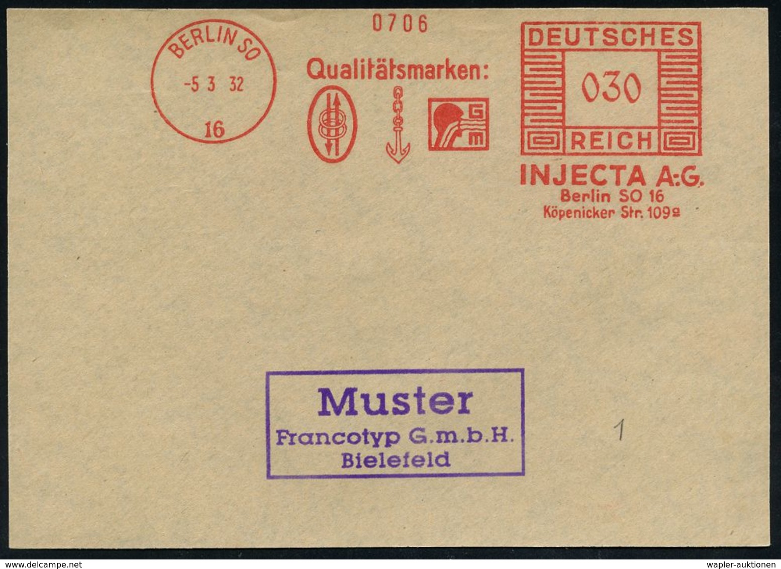 MEDIZINISCHE AUSRÜSTUNG & INSTRUMENTE : BERLIN SO/ 16/ INJECTA AG. 1932 (5.3.) AFS Reichspost-Archivmuster "Mäander-Rech - Médecine