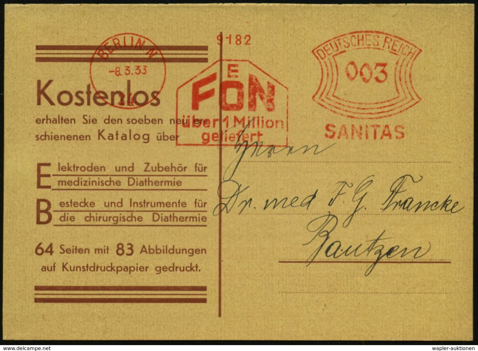 MEDIZINISCHE AUSRÜSTUNG & INSTRUMENTE : BERLIN N/ 24/ FOEN/ über 1 Million/ Geliefert/ SANITAS 1933 (8.3.) AFS Auf (halb - Médecine