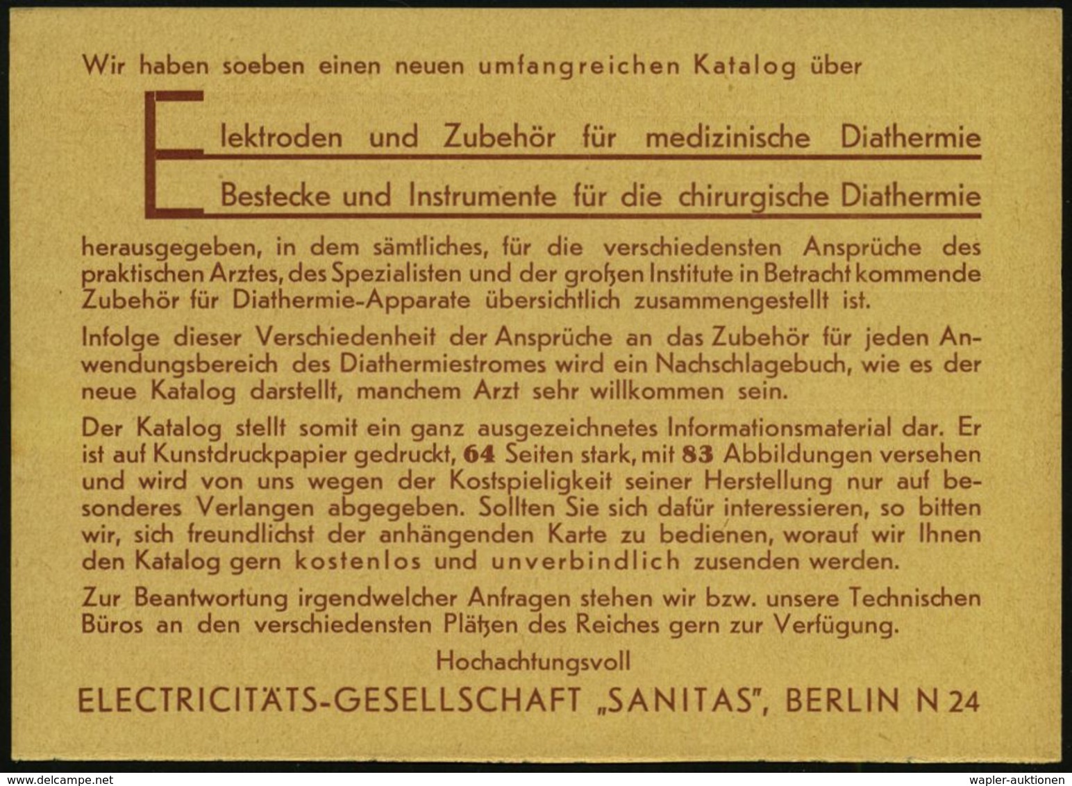MEDIZINISCHE AUSRÜSTUNG & INSTRUMENTE : BERLIN N/ 24/ FOEN/ über 1 Million/ Geliefert/ SANITAS 1933 (8.3.) AFS Auf (halb - Medicine