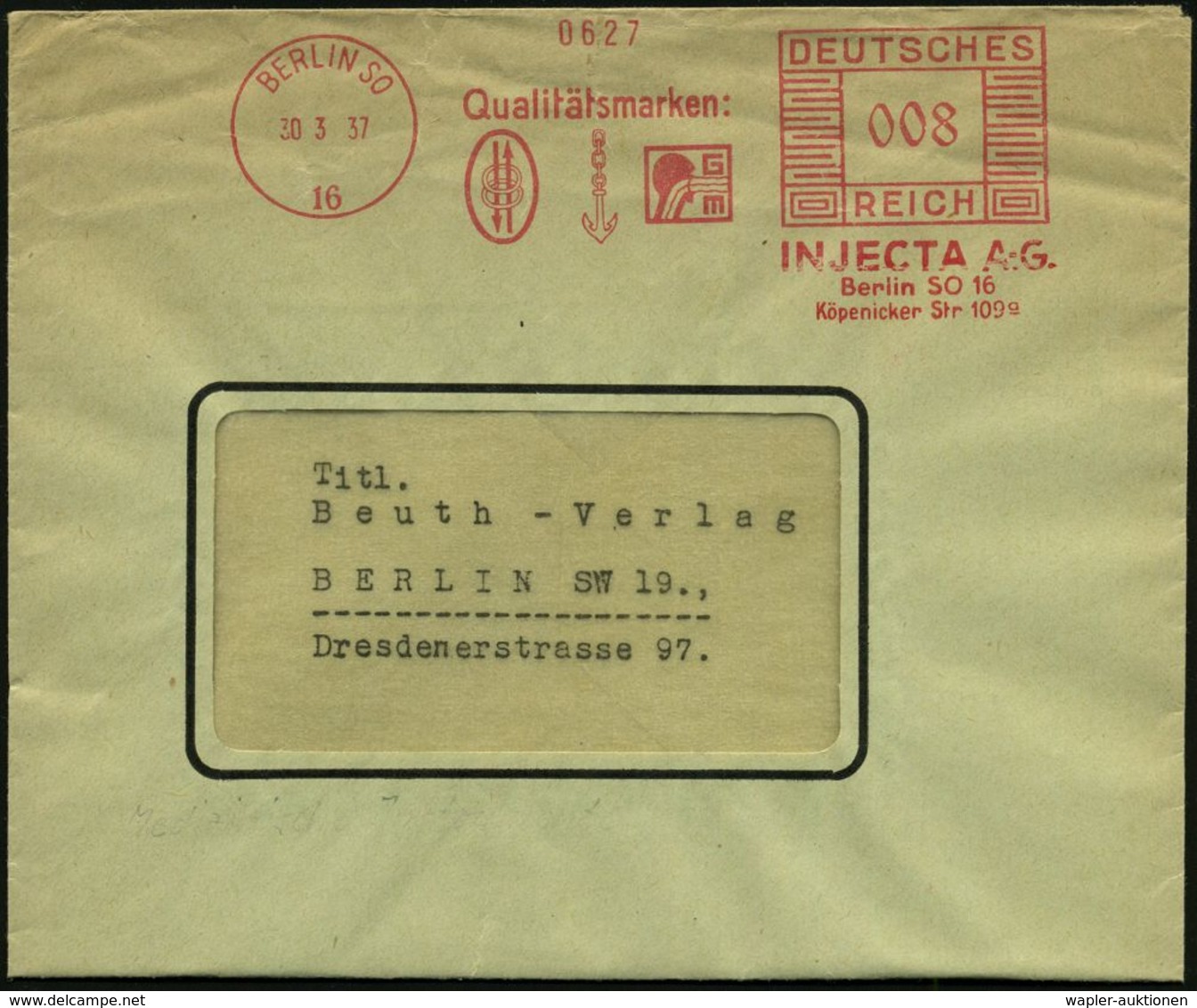 MEDIZINISCHE AUSRÜSTUNG & INSTRUMENTE : BERLIN SO/ 16/ ..INJECTA AG. 1937 (30.3.) Dekorativer AFS (Doppelring, Anker, Ko - Medicine