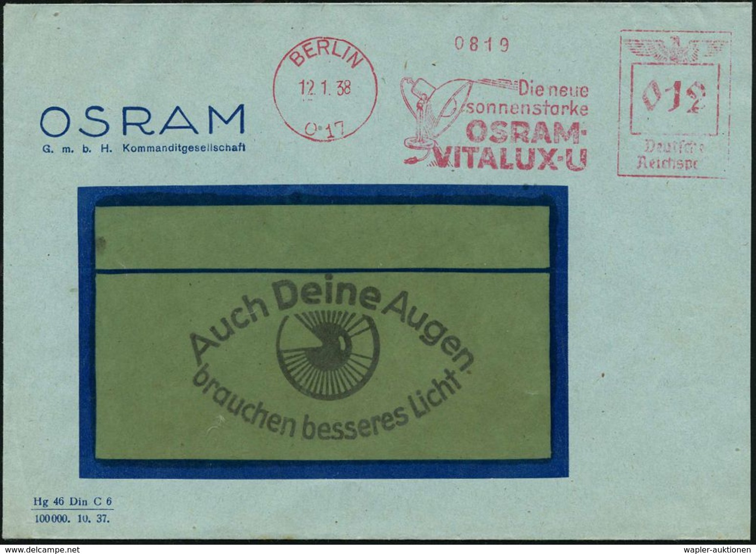 MEDIZINISCHE AUSRÜSTUNG & INSTRUMENTE : BERLIN/ O 17/ Die Neue/ Sonnenstarke/ OSRAM-/ VITALUX-U 1938 (12.1.) AFS = Bestr - Medicina