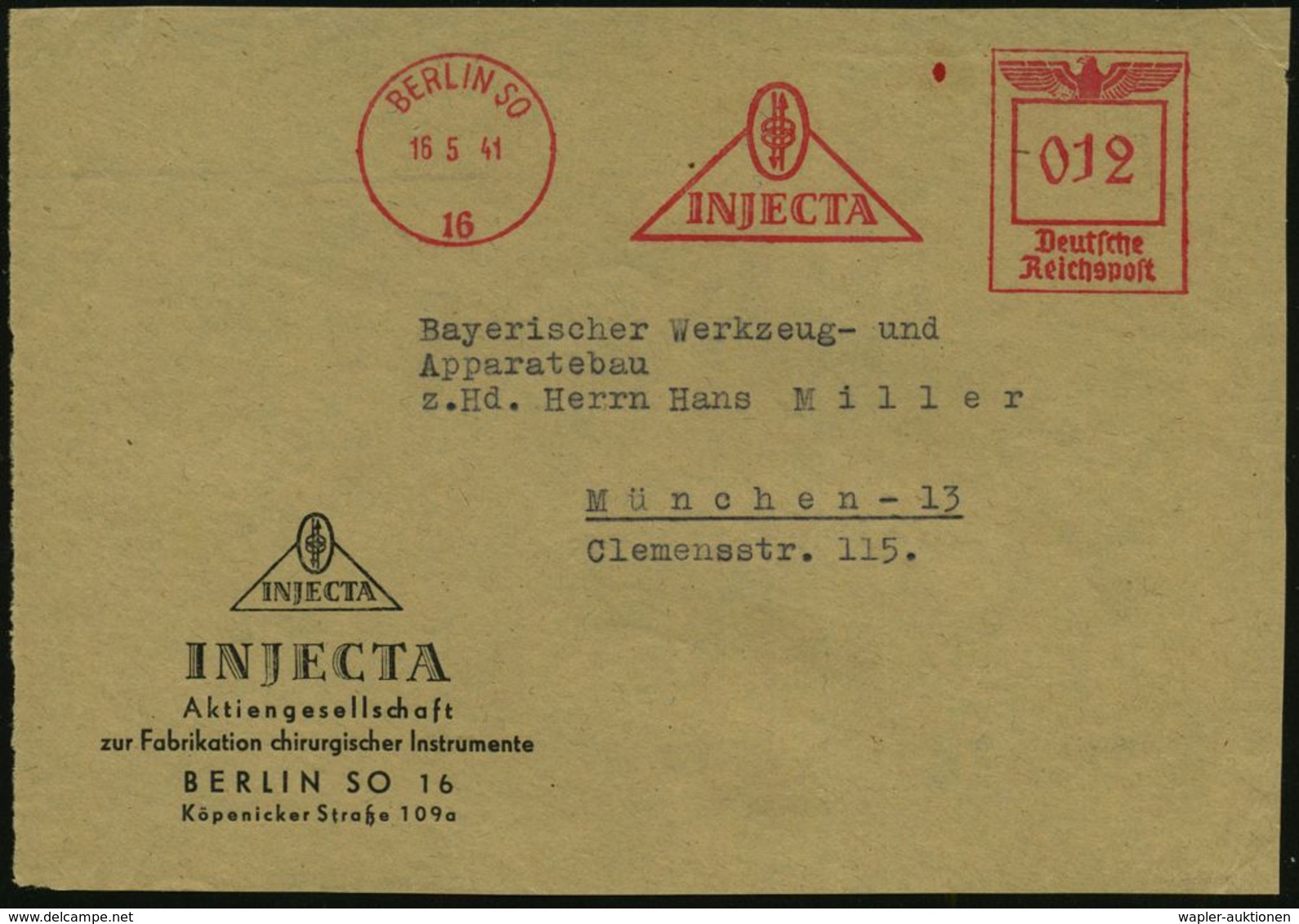 MEDIZINISCHE AUSRÜSTUNG & INSTRUMENTE : BERLIN SO/ 16/ INJECTA 1941 (16.5.) AFS (Logo) Motivgl. Firmen-Vs.: INJECTA, Fab - Medicine