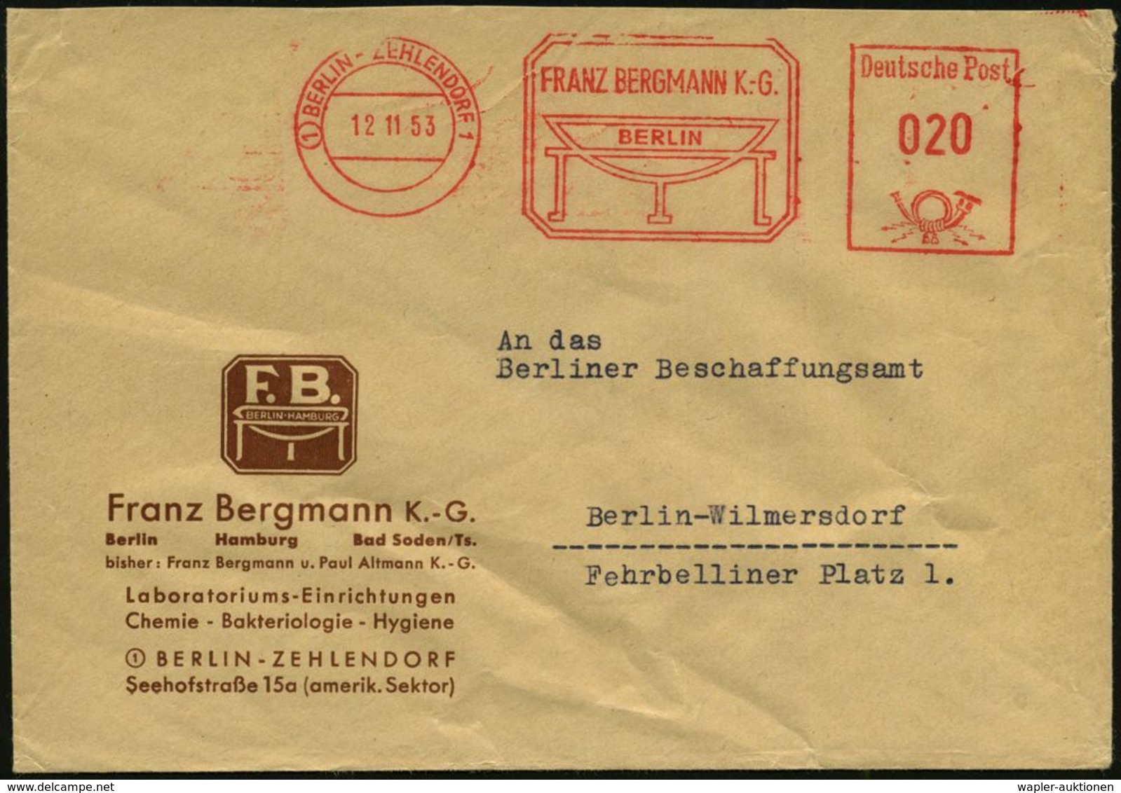 MEDIZINISCHE AUSRÜSTUNG & INSTRUMENTE : (1) BERLIN-ZEHLENDORF 1/ FRANZ BERGMANN KG. 1953 (12.11.) AFS (Schalen-Logo) Mot - Medizin