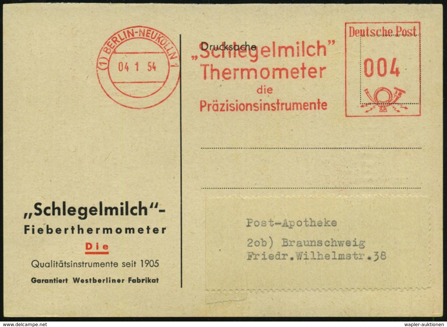 MEDIZINISCHE AUSRÜSTUNG & INSTRUMENTE : (1) BERLIN-NEUKÖLLN 1/ "Schlegelmilch"/ Thermometer 1954 (4.1.) AFS Auf Zweifarb - Medizin