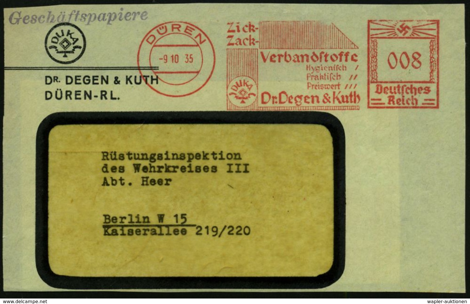 MEDIZINISCHE AUSRÜSTUNG & INSTRUMENTE : DÜREN/ Zick-/ Zack-/ Verbandsstoffe/ Hygienisch../ Dr.Degen & Kuth 1935 (9.10.)  - Medicina