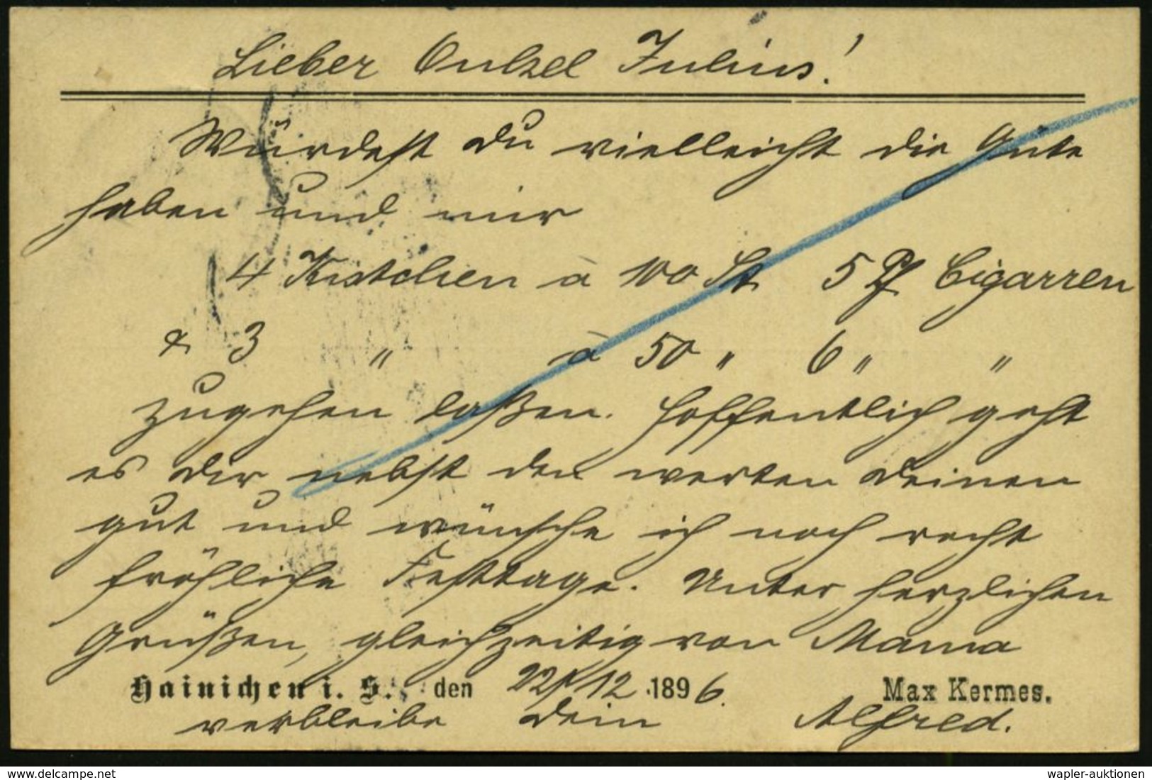 MEDIZINISCHE AUSRÜSTUNG & INSTRUMENTE : HAINICHEN 1896 (22.12.) 1K Auf Amtl. P 5 Pf. Krone, Grün , Vs./rs. Firmen-Zudruc - Medizin