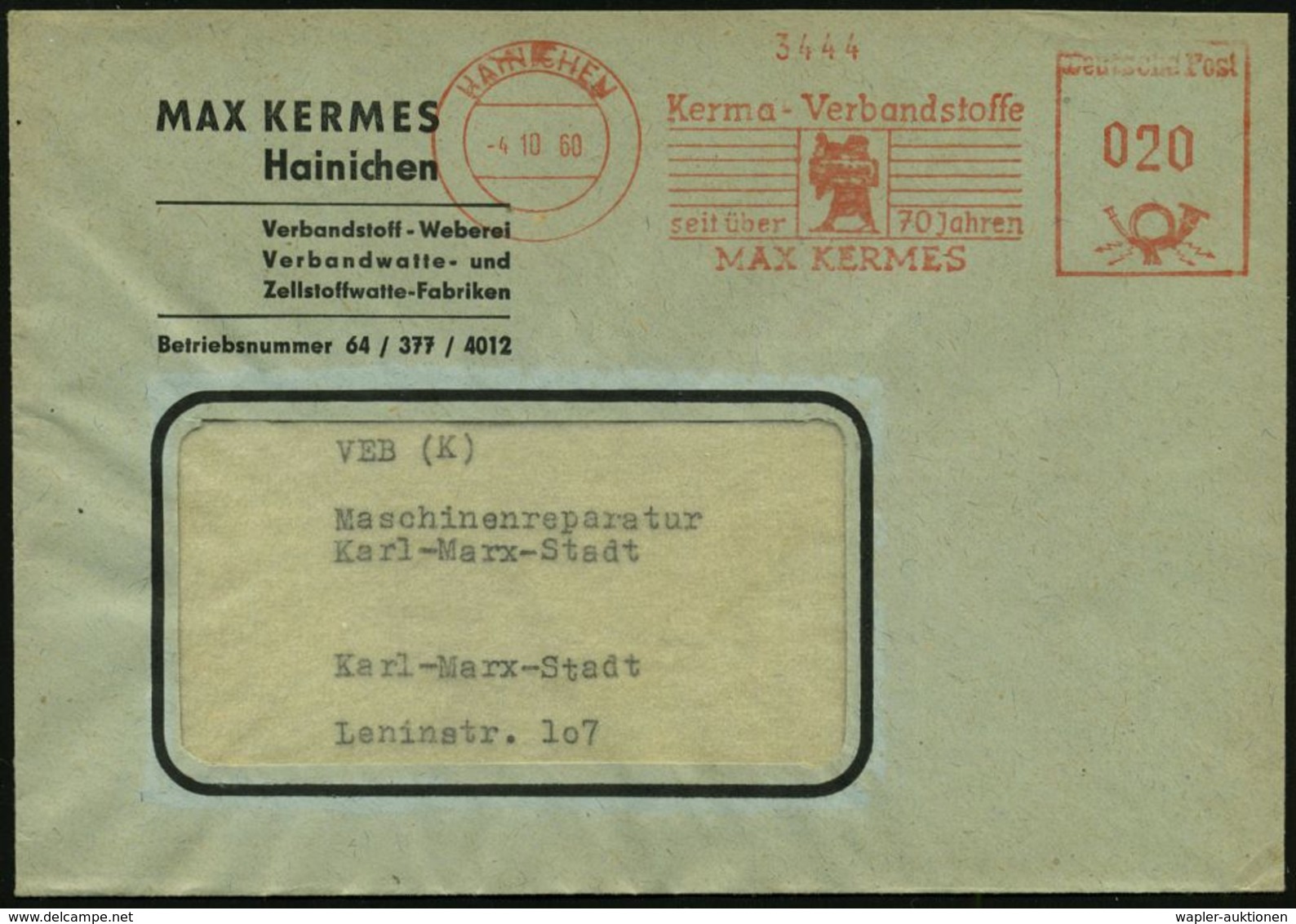 MEDIZINISCHE AUSRÜSTUNG & INSTRUMENTE : HAINICHEN/ Kerma-Verbandsstoffe/ Seit über 70 Jahren/ MAX KERMES 1960 (4.10.) AF - Medicina