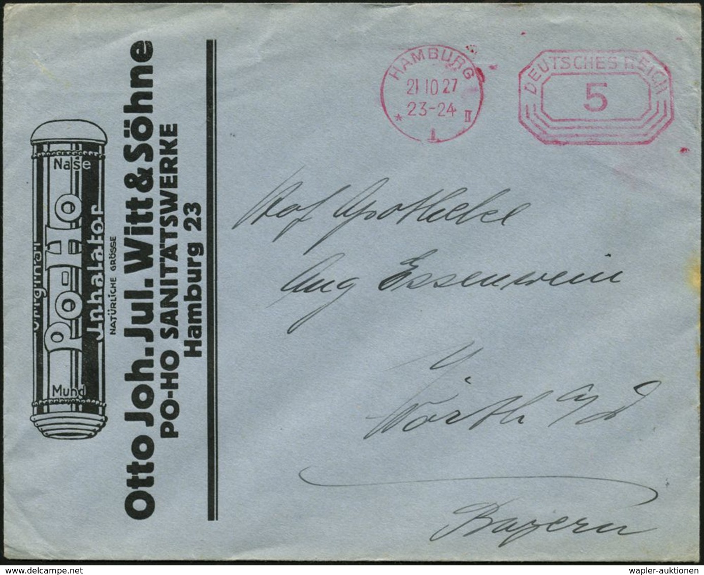 MEDIZINISCHE AUSRÜSTUNG & INSTRUMENTE : HAMBURG/ *1II 1927 (Okt) PFS 5 Pf. Auf Dekorativem Reklame-Bf: Po-Ho Jnhalator = - Medicine