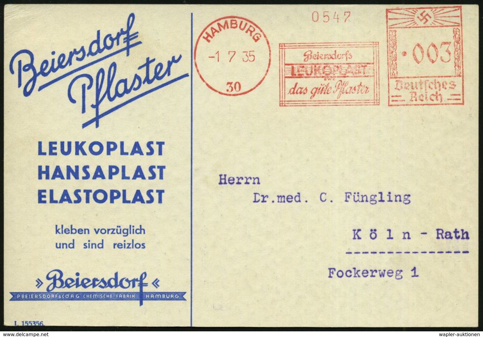 MEDIZINISCHE AUSRÜSTUNG & INSTRUMENTE : HAMBURG/ 30/ Beiersdorfs/ LEUKOPLAST/ Das Gute Pflaster 1935 (1.7.) AFS Klar Auf - Medicina