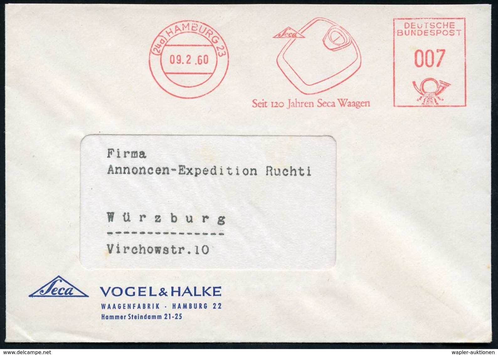 MEDIZINISCHE AUSRÜSTUNG & INSTRUMENTE : (24a) HAMBURG 23/ Seca/ Seit 120 Jahren Seca Waagen 1960 (9.2.) AFS = Personen-W - Medicine