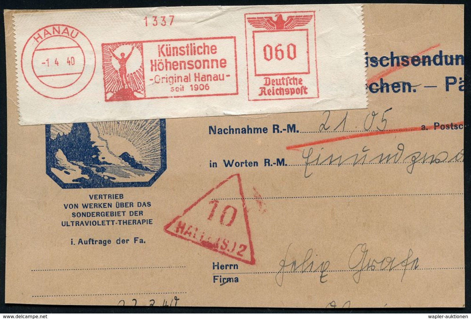 MEDIZINISCHE AUSRÜSTUNG & INSTRUMENTE : HANAU/ Künstliche Höhensonne/ "Original Hanau"/ Seit 1906 1940 (1.4.) AFS 060 Pf - Medizin