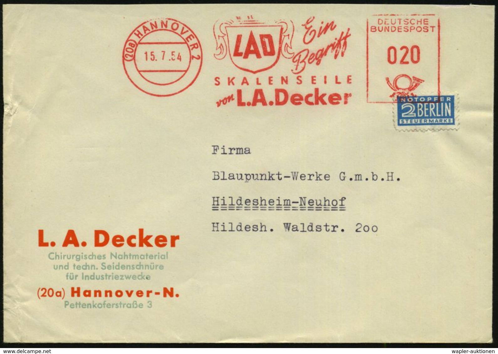 MEDIZINISCHE AUSRÜSTUNG & INSTRUMENTE : (20a) HANNOVER 2/ LAD/ Ein/ Begriff/ SKALENSEILE/ Von L.A.Decker 1954 (15.7.) AF - Medizin