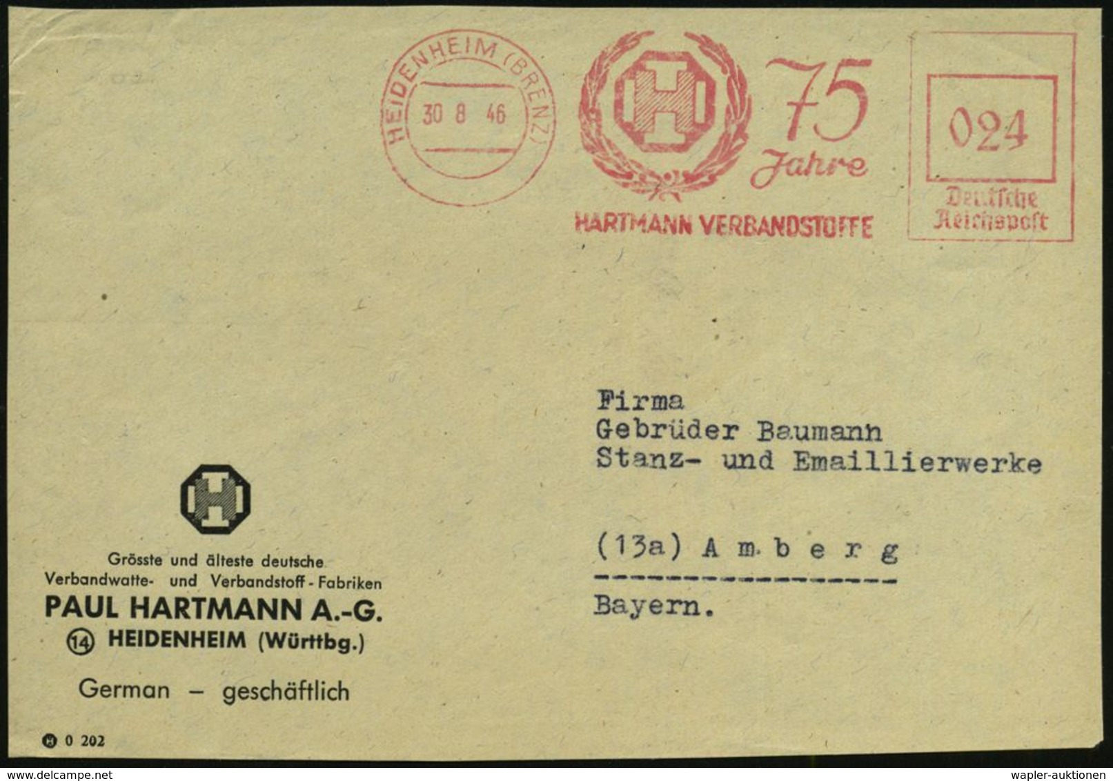 MEDIZINISCHE AUSRÜSTUNG & INSTRUMENTE : HEIDENHEIM (BRENZ)/ 75 Jahre/ HARTMANN VERBANDSSTOFFE 1946 (30.8.) Seltener, Apt - Medizin