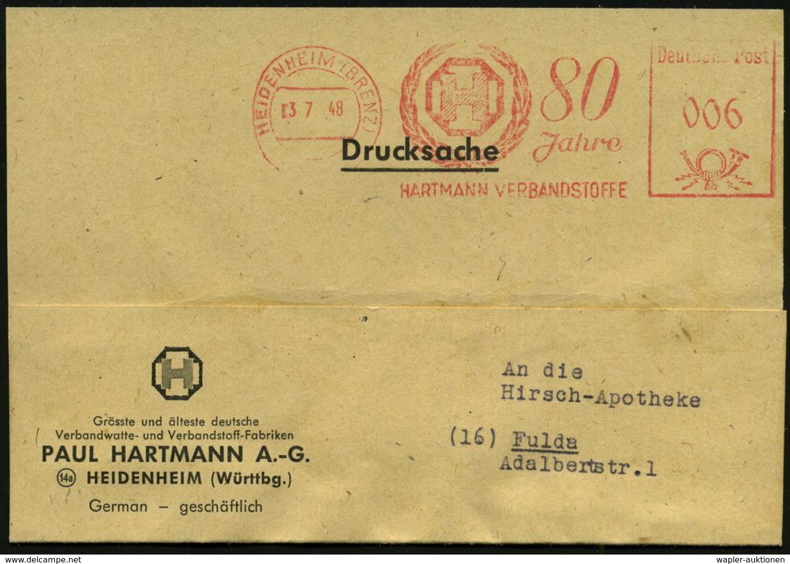MEDIZINISCHE AUSRÜSTUNG & INSTRUMENTE : HEIDENHEIM (BRENZ)/ 80 Jahre/ HARTMANN VERBANDSSTOFFE 1948 (3.7.) Jubil.-AFS (Mo - Médecine