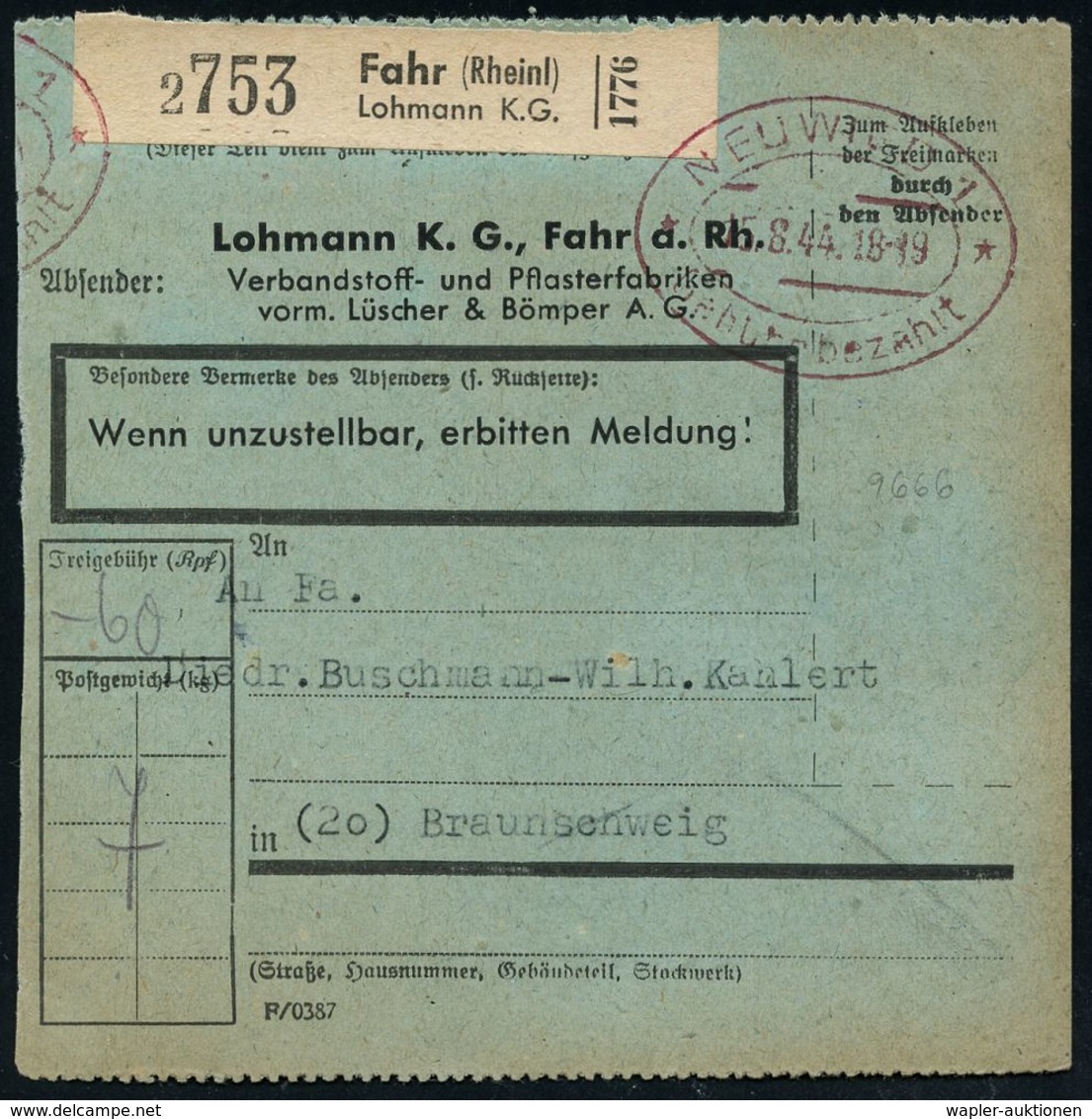MEDIZINISCHE AUSRÜSTUNG & INSTRUMENTE : Neuwied /  Fahr 1944 (15.8.) Viol. Doppel-Oval-PFS: NEUWIED 1/**/Gebühr Bezahlt  - Medicine