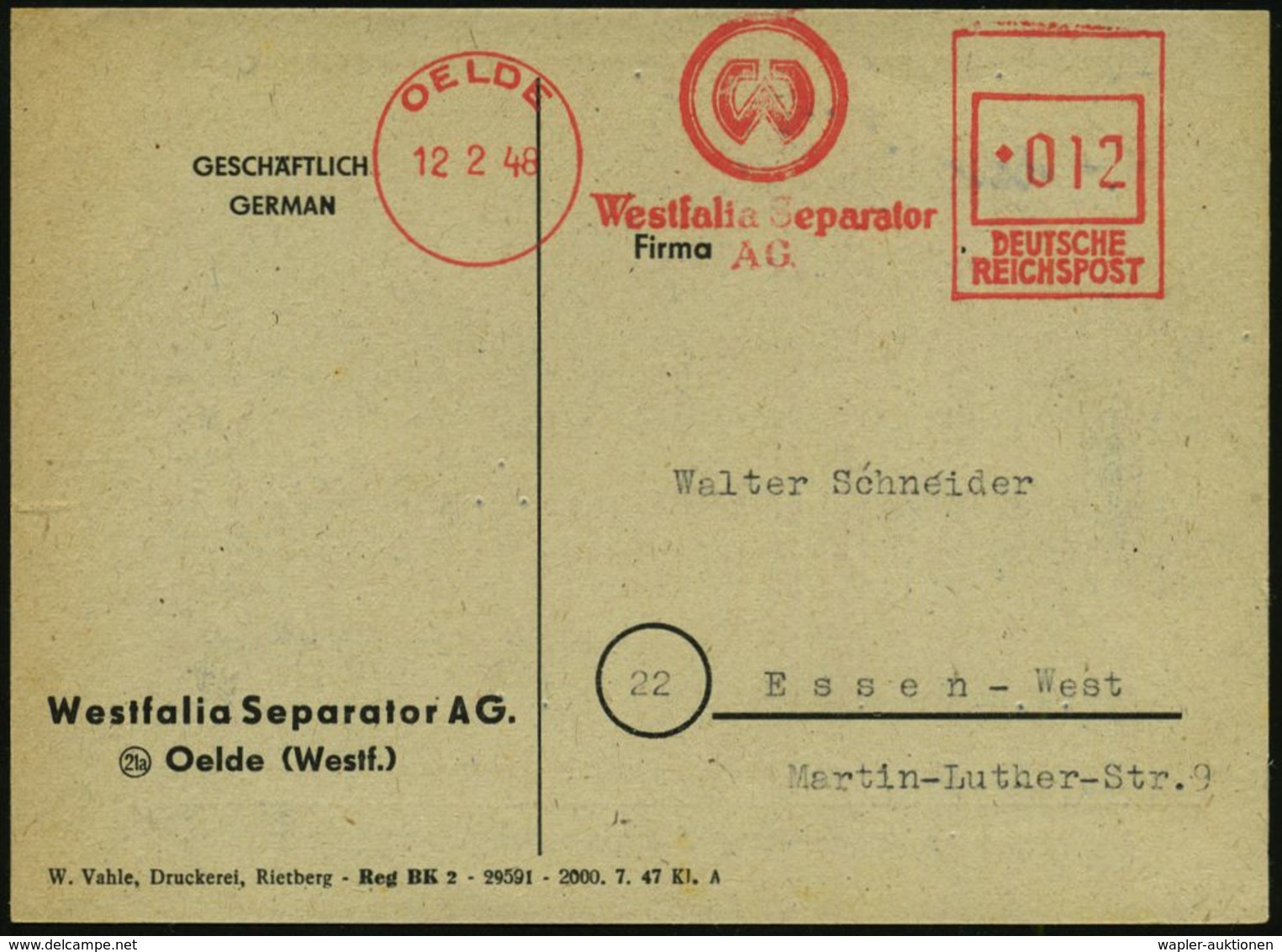 MEDIZINISCHE AUSRÜSTUNG & INSTRUMENTE : OELDE/ Westfalia Separator/ AG. 1948 (12.2.) Aptierter AFS Francotyp "Reichsadle - Medizin