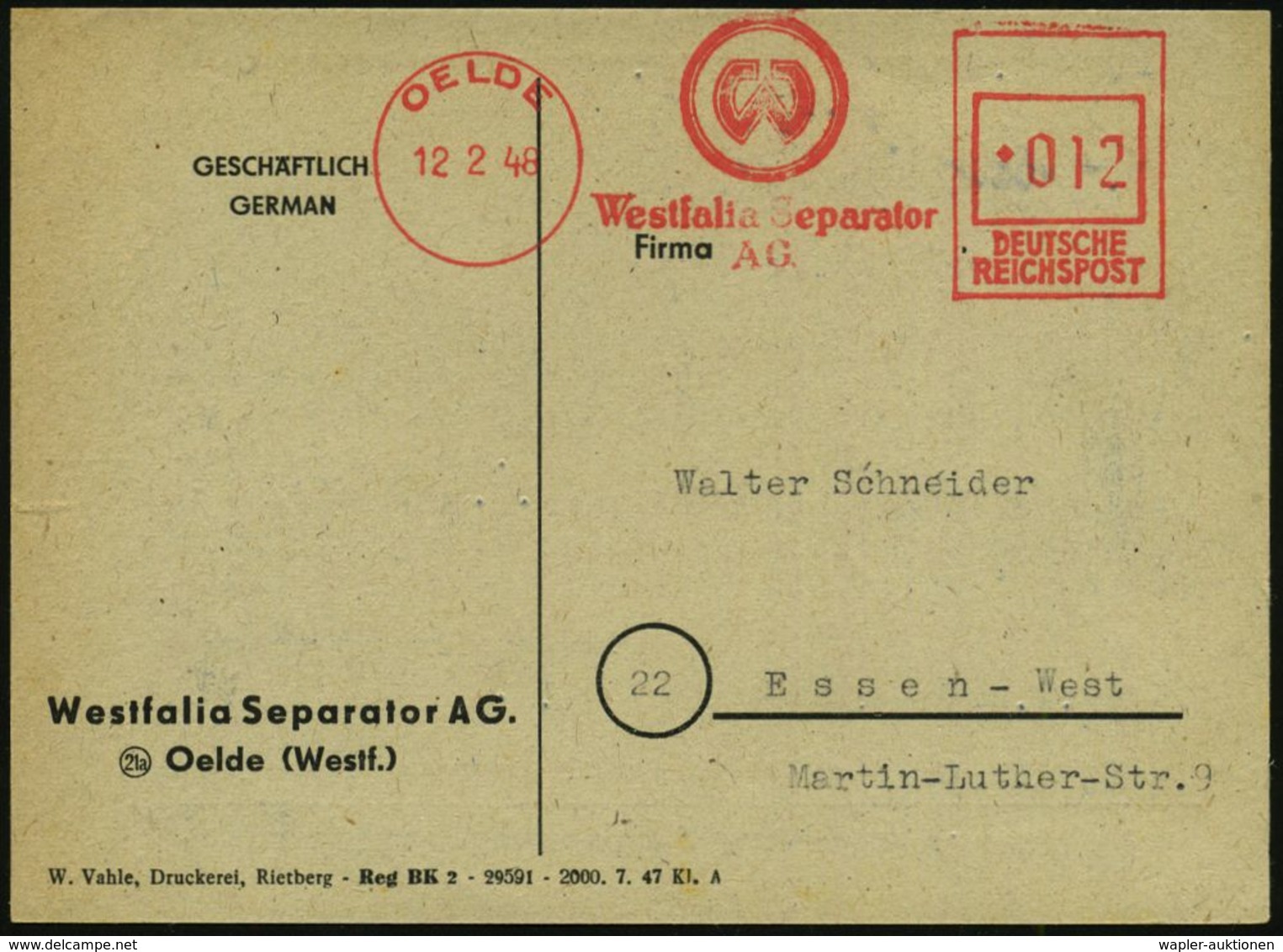 MEDIZINISCHE AUSRÜSTUNG & INSTRUMENTE : OELDE/ Westfalia Separator/ AG. 1948 (12.2.) Aptierter AFS Francotyp "Reichsadle - Médecine