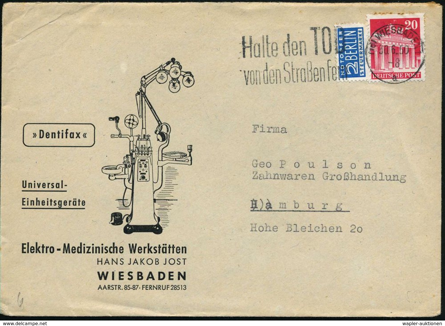 MEDIZINISCHE AUSRÜSTUNG & INSTRUMENTE : (16) WIESBADEN 1/ A/ Halte Den TOD/ Von D.Straßen Fern 1950 (30.6.) Seltener MWS - Medicine