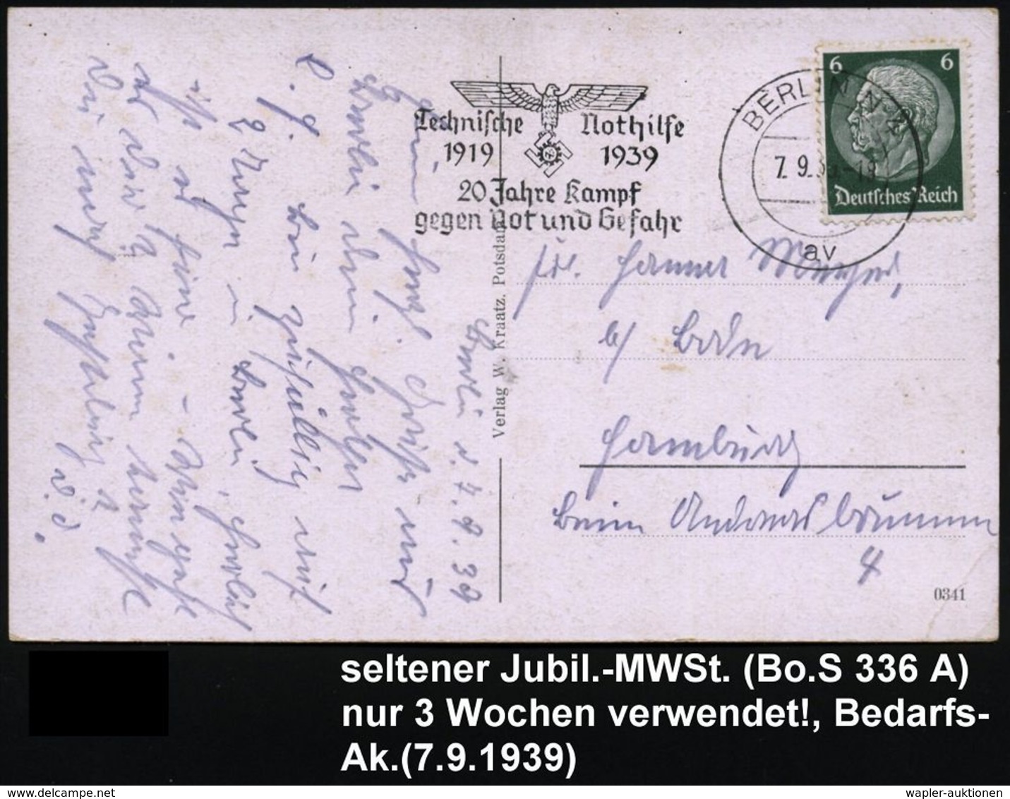 RETTUNGSWESEN / TECHN. HILFSWERKE (THW) : BERLIN N 4/ Av/ Technische Nothilfe/ 1919 1939/ 20 Jahre Kampf/ Gegen Not U.Ge - Médecine