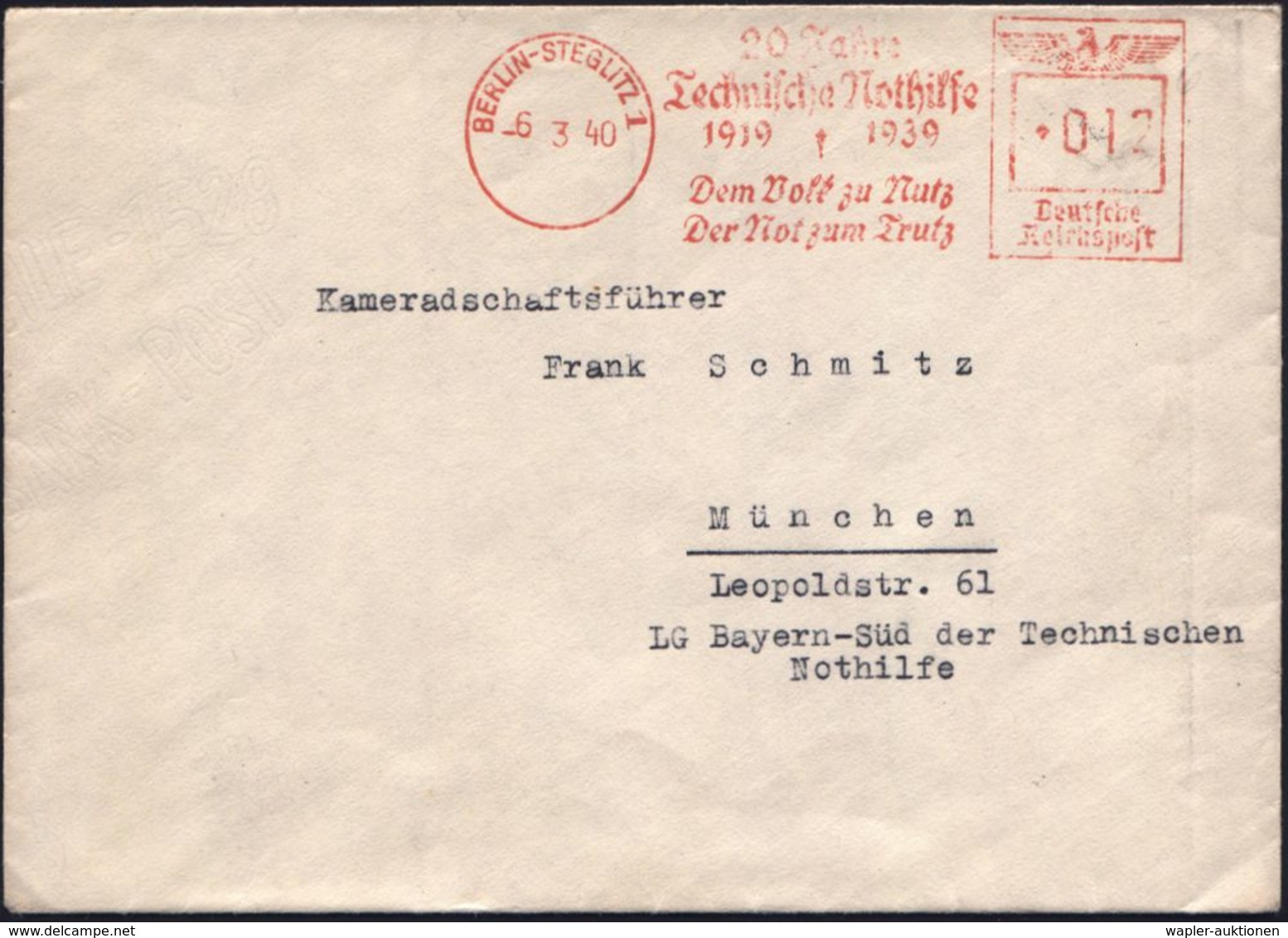 RETTUNGSWESEN / TECHN. HILFSWERKE (THW) : BERLIN-STEGLITZ1/ 20 Jahre/ Technische Nothilfe/ 1919 1939/ Dem Volk Zu Nutz/  - Médecine