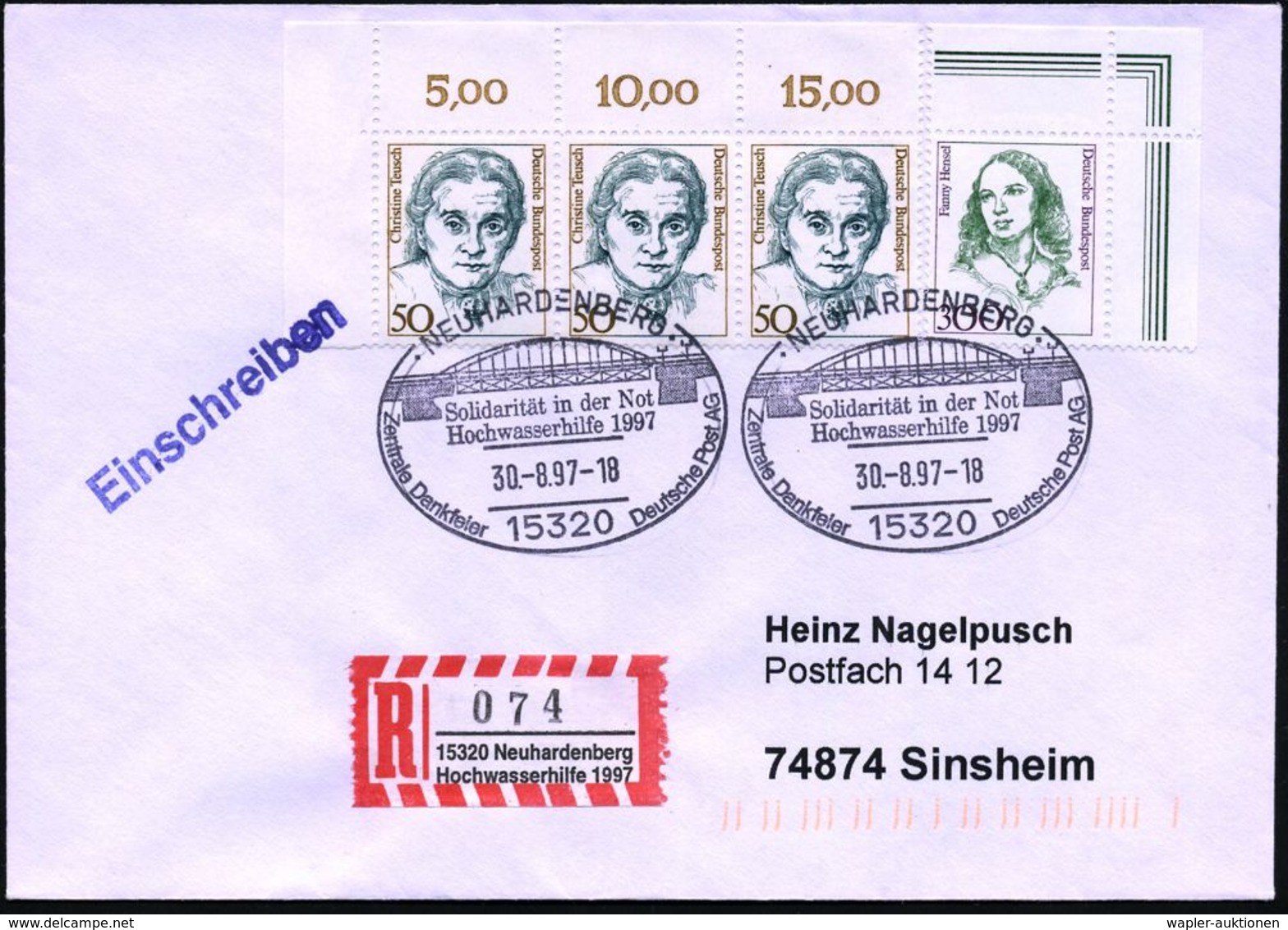 RETTUNGSWESEN / TECHN. HILFSWERKE (THW) : 15320 NEUHARDENBERG/ Solidarität In Der Not/ Hochwasserhilfe.. 1997 (30.8.) SS - Médecine