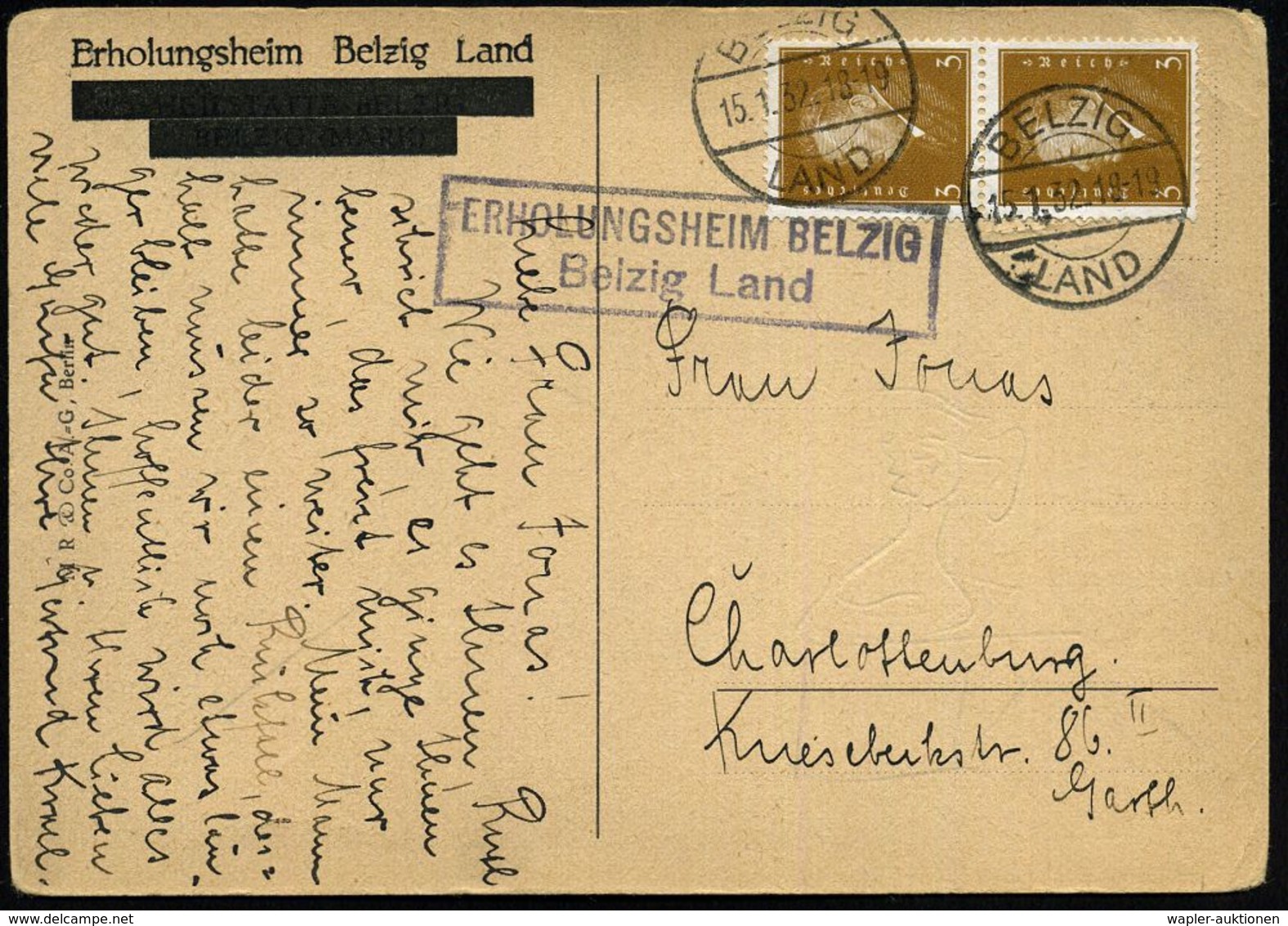 KRANKENHAUS / HOSPITAL : BELZIG ERHOLUNGSHEIM/ Belzig Land 1932 (15.1.) Viol. Ra., PSt.II  = Hauspostamt Siemens-Erholun - Médecine