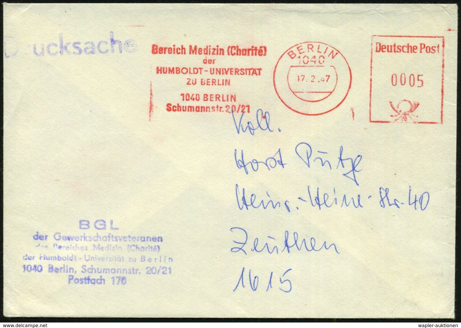 KRANKENHAUS / HOSPITAL : 1040 BERLIN/ Bereich Medizin (Charité)/ D./ HUMBOLDT-UNIVERSITÄT.. 1987 (17.2.) AFS (Postalia V - Medicine