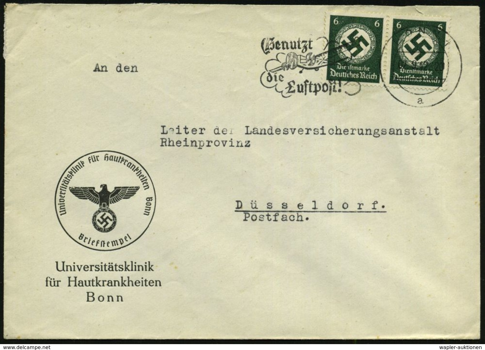 KRANKENHAUS / HOSPITAL : BONN 1/ A/ Benutzt/ Die/ Luftpost! 1942 (2.9.) MWSt Auf Paar 6 Pf. Behördendienst (Mi.D 135 MeF - Médecine