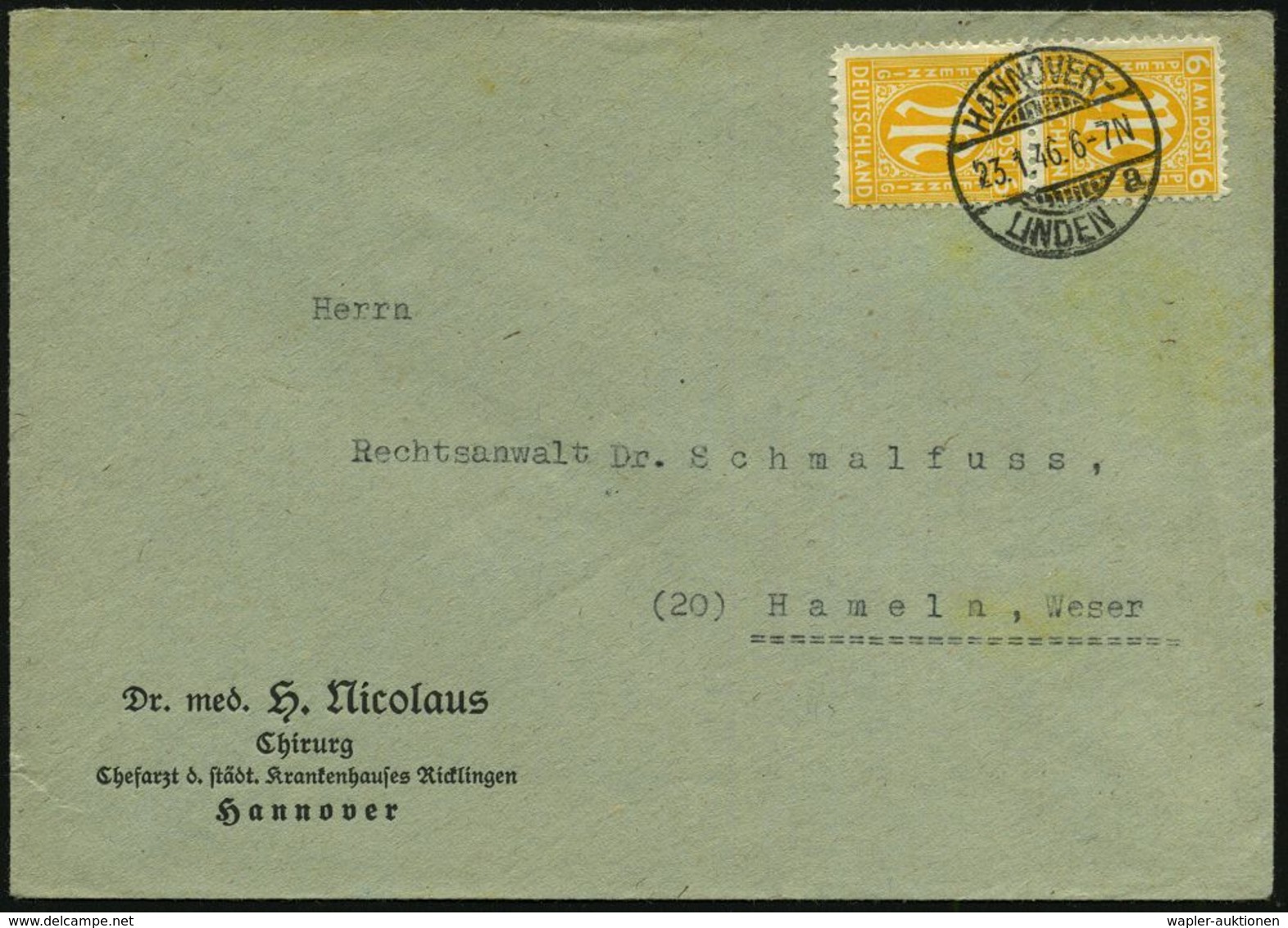 KRANKENHAUS / HOSPITAL : HANNOVER-LINDEN/ A 1946 (23.1.) 1K-Gitter Auf Paar 6 Pf. AM-Post , Dienst-Bf.: Dr. Med H. Nicol - Medizin