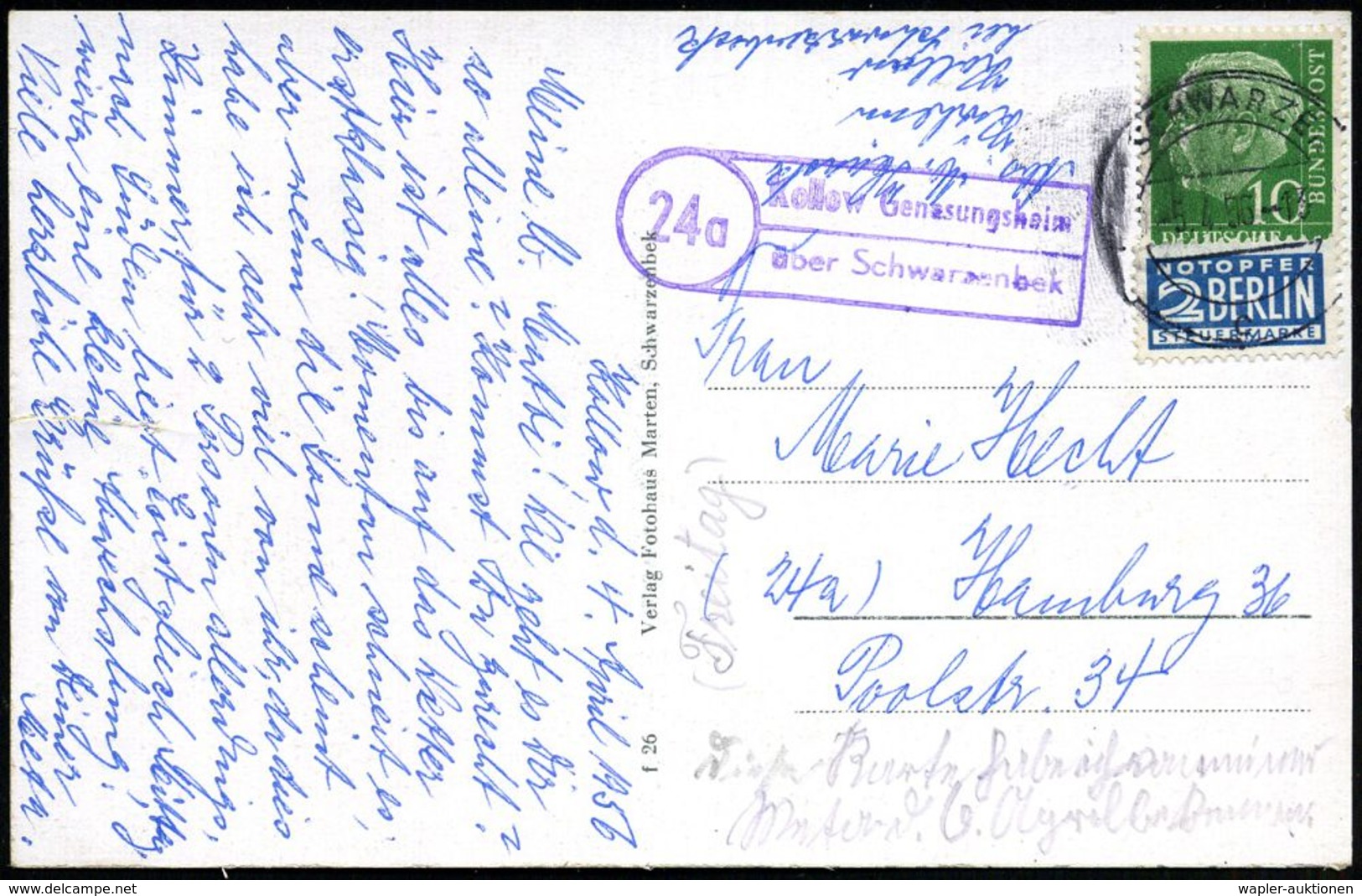 KRANKENHAUS / HOSPITAL : (24a) Kollow  G E N E S U N G S H E I M / über Schwarzenbek 1956 (5.4.) Viol. Ra.2 = PSt.II + 2 - Médecine