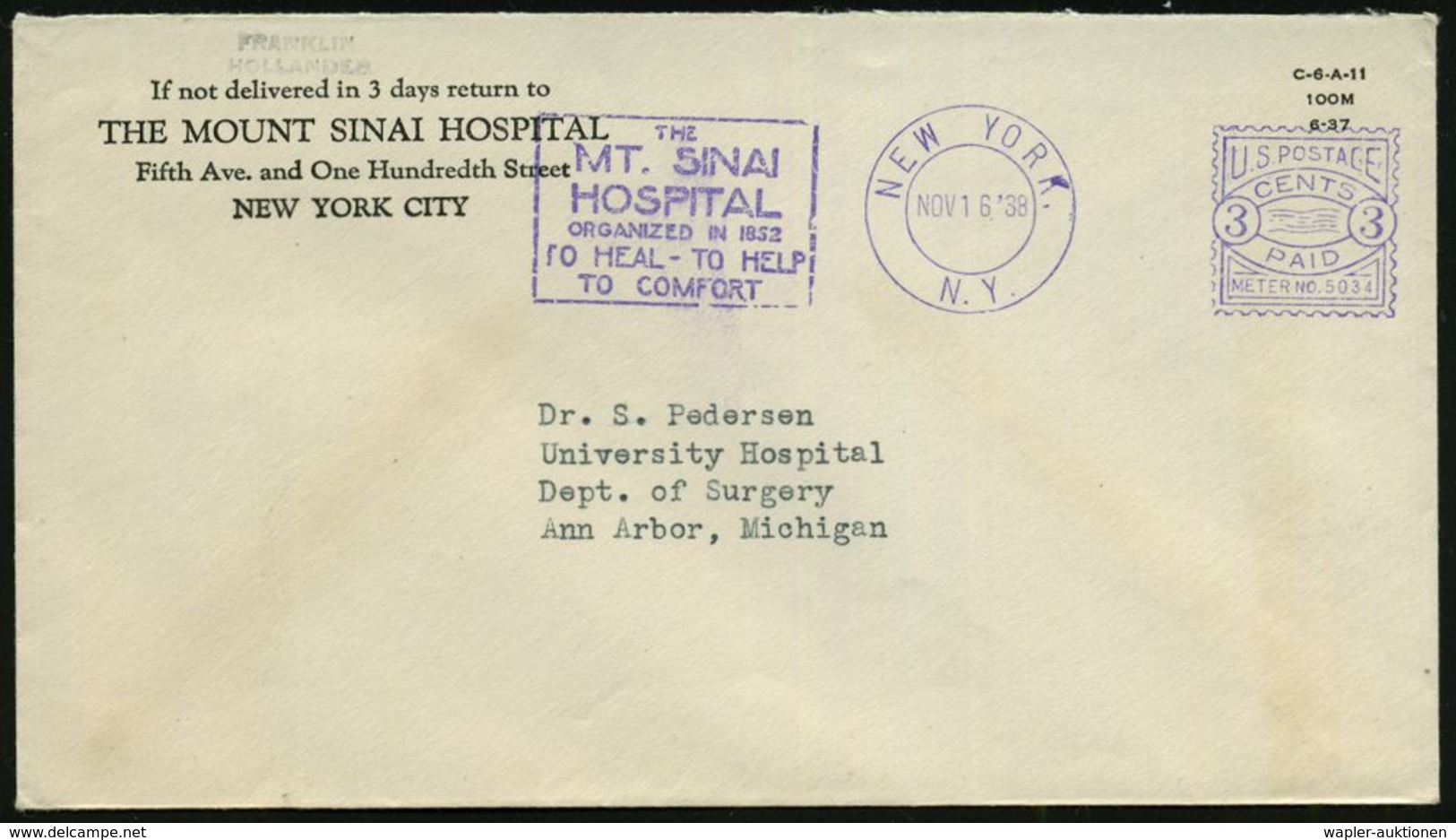 KRANKENHAUS / HOSPITAL : U.S.A. 1938 Viol. AFS: NEW YORK/N.Y./METER NO.5034/ THE/ MT. SINAI/ HOSPITAL.. Auf Inl.-Firmen- - Médecine