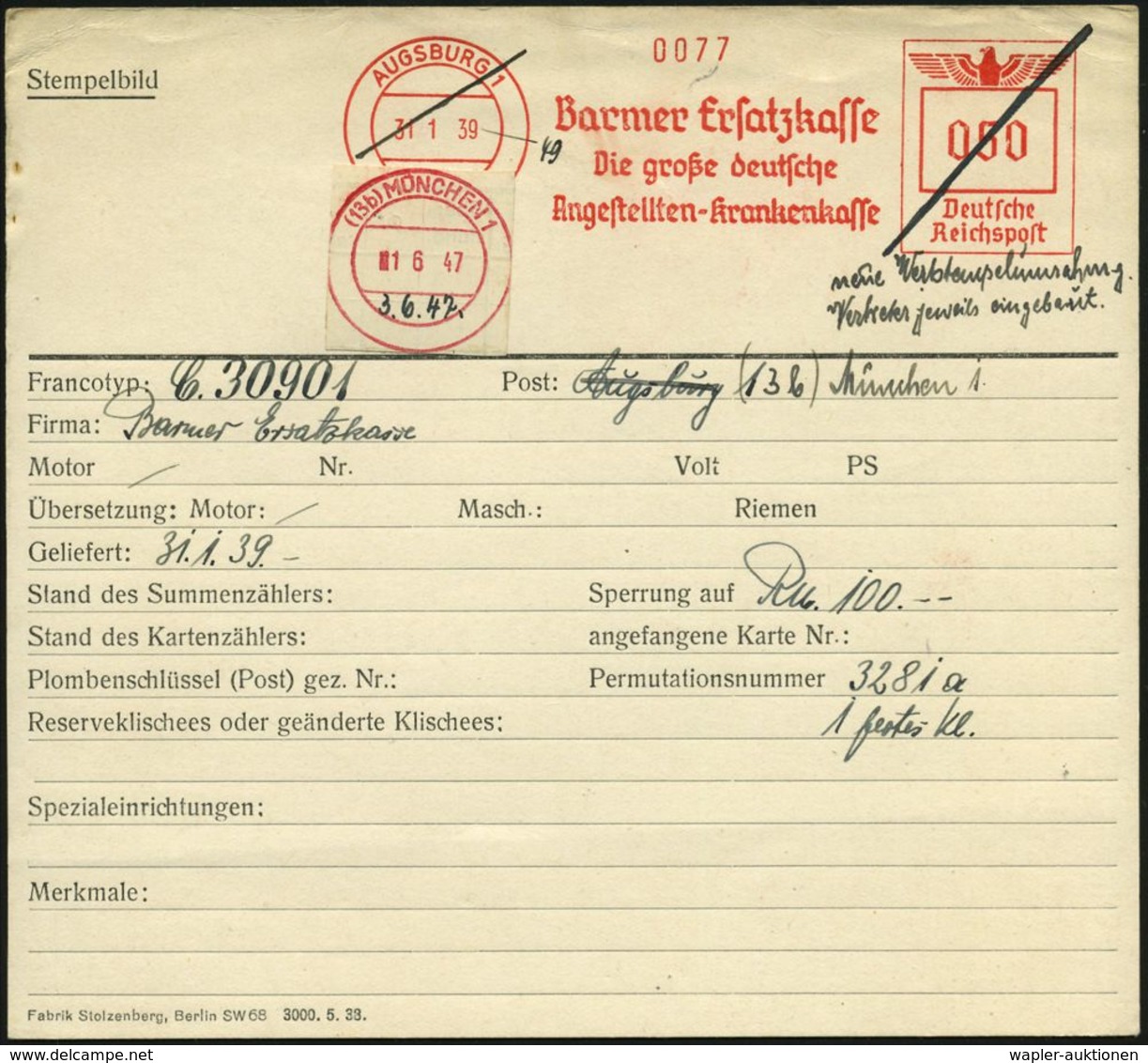 KRANKENKASSE / KRANKEN-VERSICHERUNG : AUGSBURG 1/ Barmer Ersatzkasse/ Die Große Deutsche/ Angestellten-Krankenkasse 1939 - Médecine