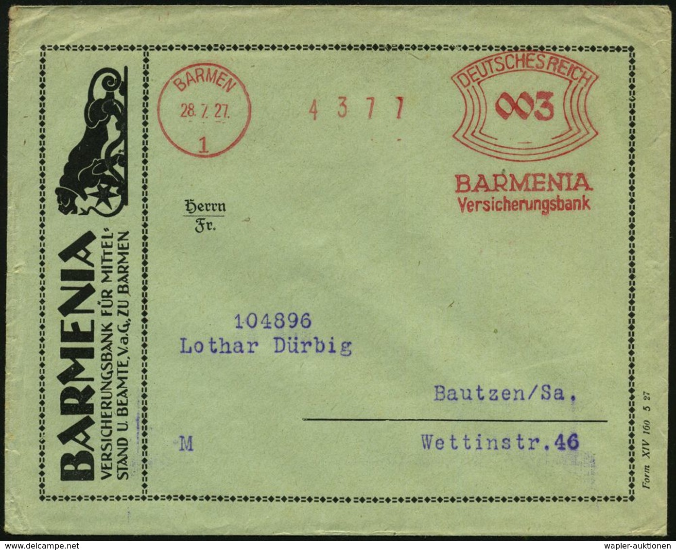 KRANKENKASSE / KRANKEN-VERSICHERUNG : BARMEN/ 1/ BARMENIA/ Versicherungsbank 1927 Früher AFS "Bogenrechteck" Auf  Dekora - Médecine