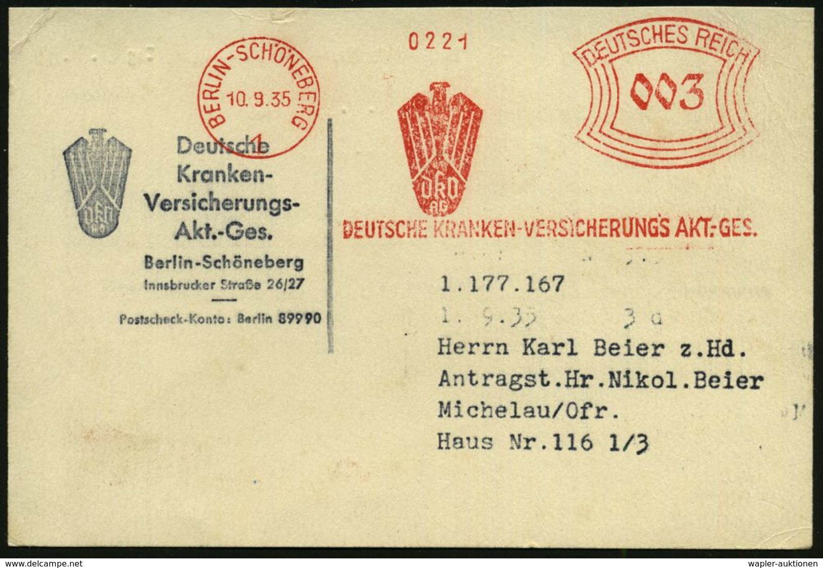 KRANKENKASSE / KRANKEN-VERSICHERUNG : BERLIN-SCHÖNEBERG/ 1/ DkV/ AG/ DEUTSCHE KRANKEN-VERSICHERUNGS-AG. 1935 (10.9.) AFS - Medicine