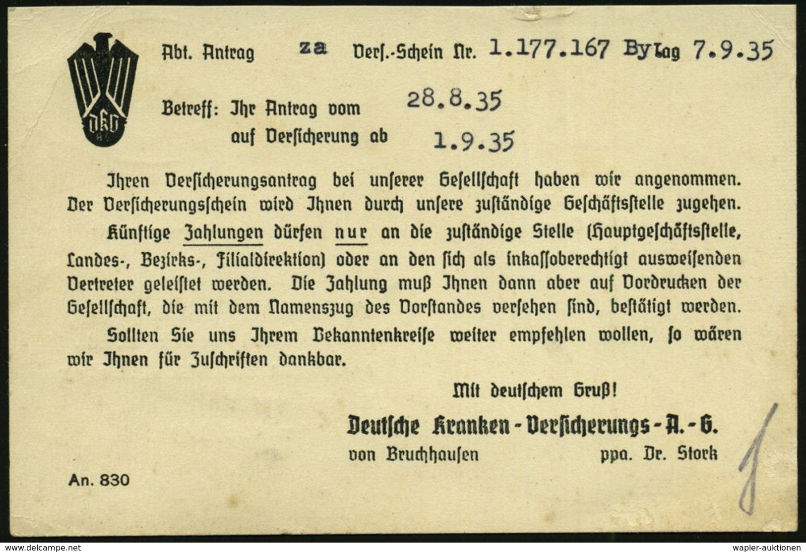 KRANKENKASSE / KRANKEN-VERSICHERUNG : BERLIN-SCHÖNEBERG/ 1/ DkV/ AG/ DEUTSCHE KRANKEN-VERSICHERUNGS-AG. 1935 (10.9.) AFS - Médecine